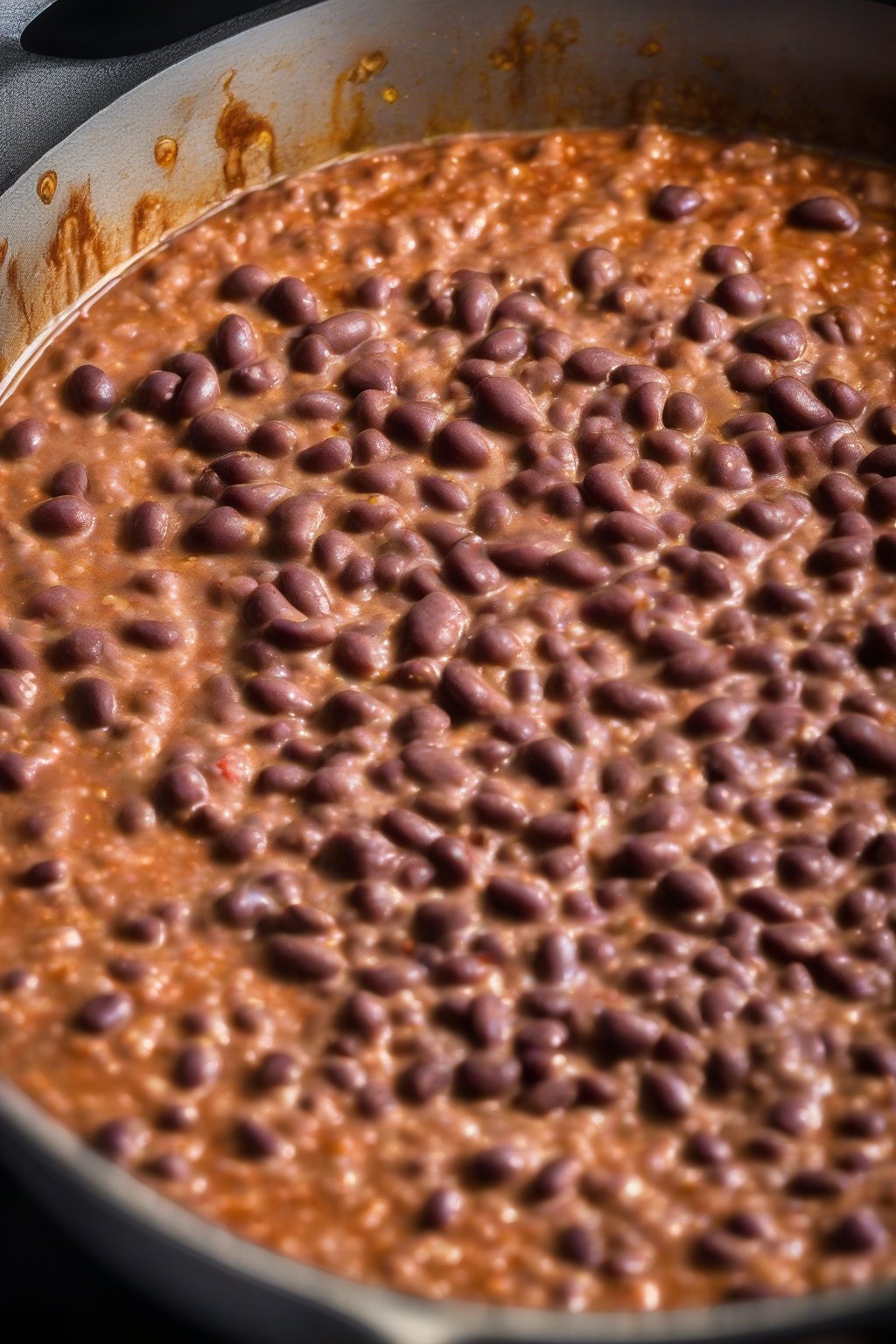 A high-resolution photo of spicy chipotle refried beans in a skillet with red flecks, steam rising, under soft lighting.
