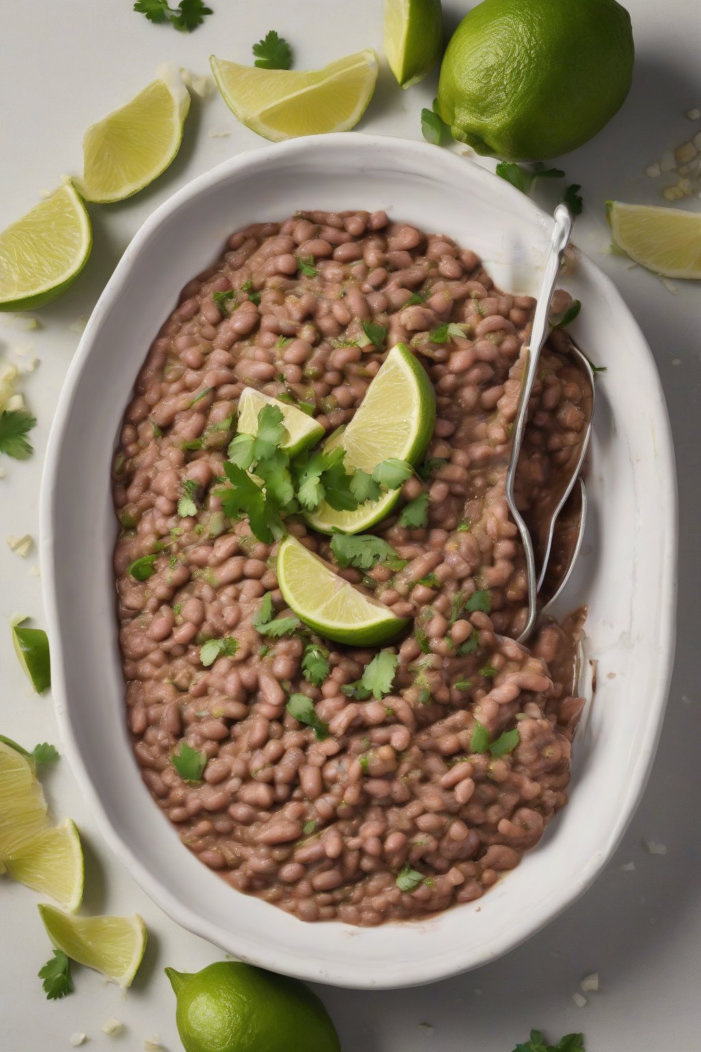 A high-resolution photo of herb-flecked refried beans in a white dish with lime wedges, under soft lighting.