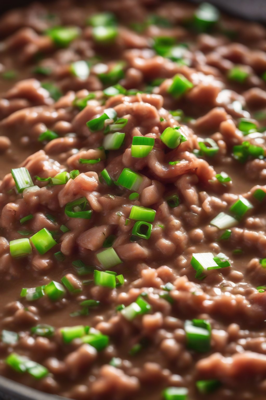 A high-resolution photo of bacon-studded refried beans topped with green onions, under soft lighting.