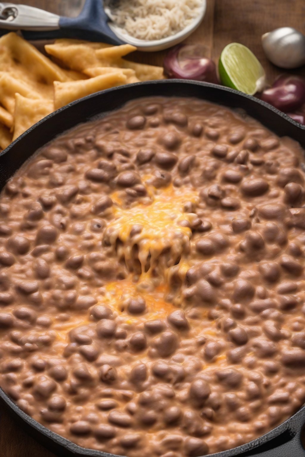 A high-resolution photo of cheesy refried beans oozing in a cast-iron pan, under soft lighting.