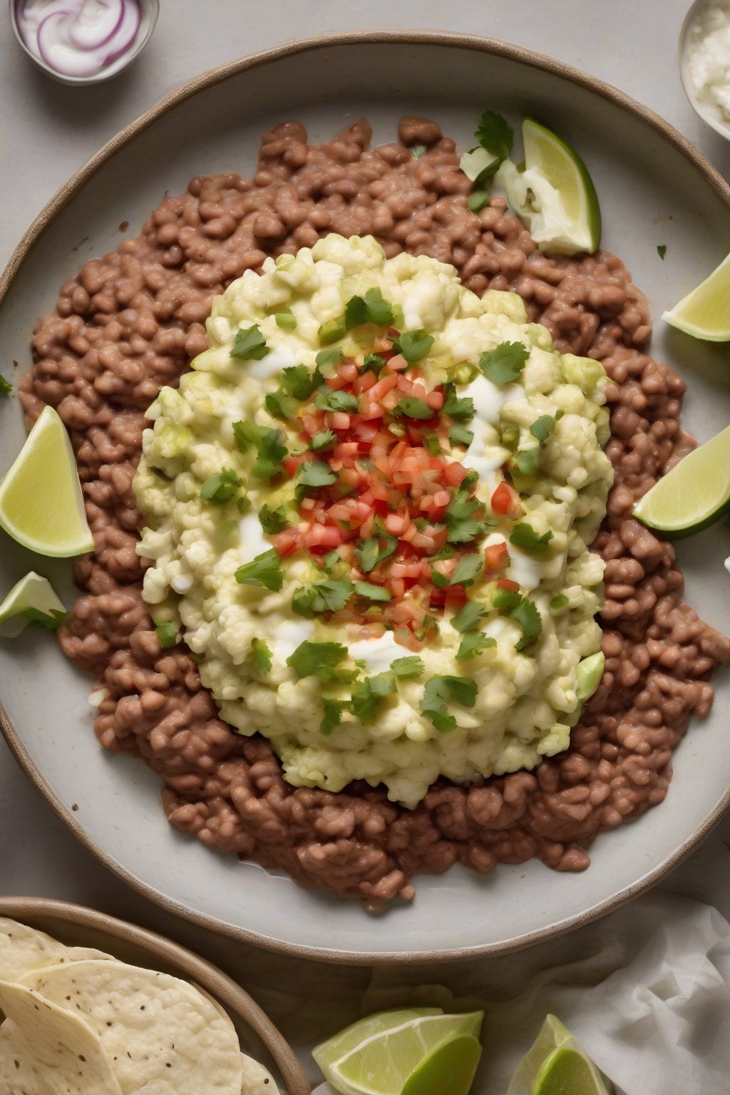 A high-resolution photo of cauliflower refried beans with taco toppings, under soft lighting.