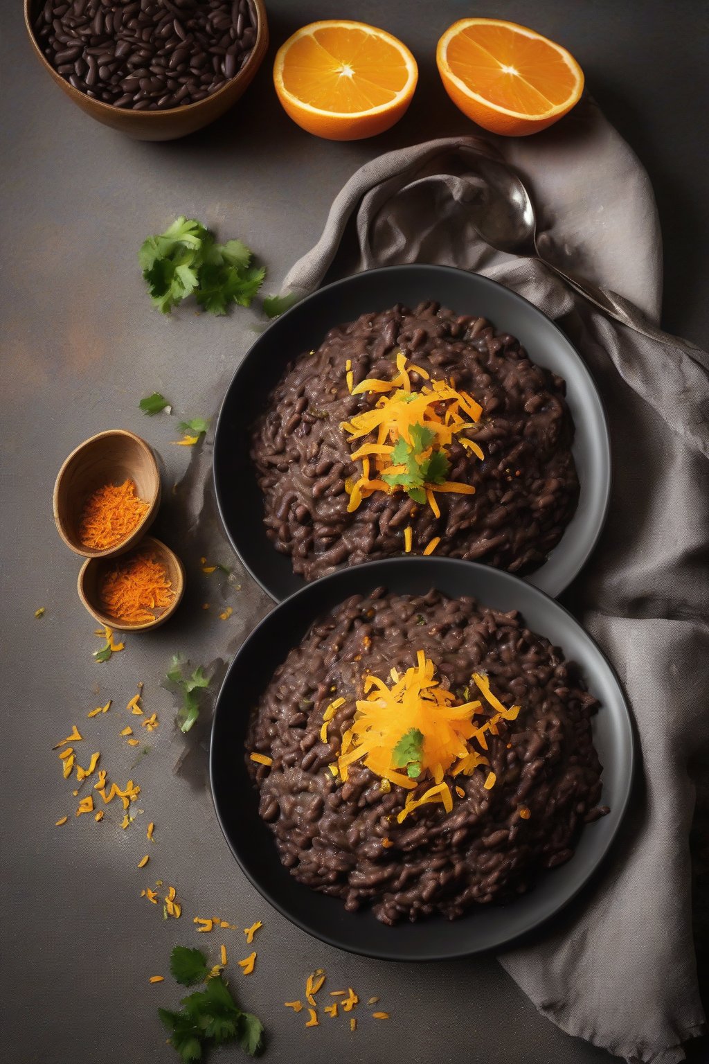 A high-resolution photo of smooth black refried beans garnished with orange zest, under soft lighting.