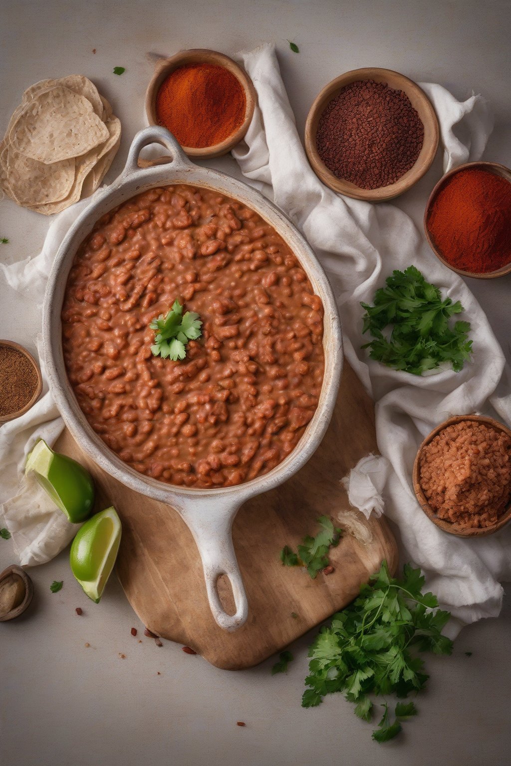 A high-resolution photo of chorizo refried beans with red spices visible, under soft lighting.