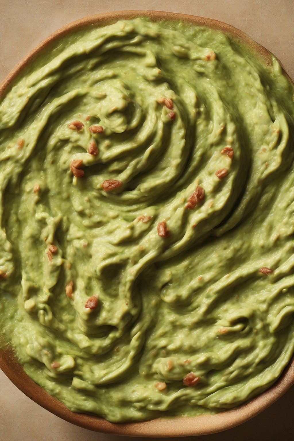 A high-resolution photo of green-tinged avocado refried beans swirled beautifully, under soft lighting.