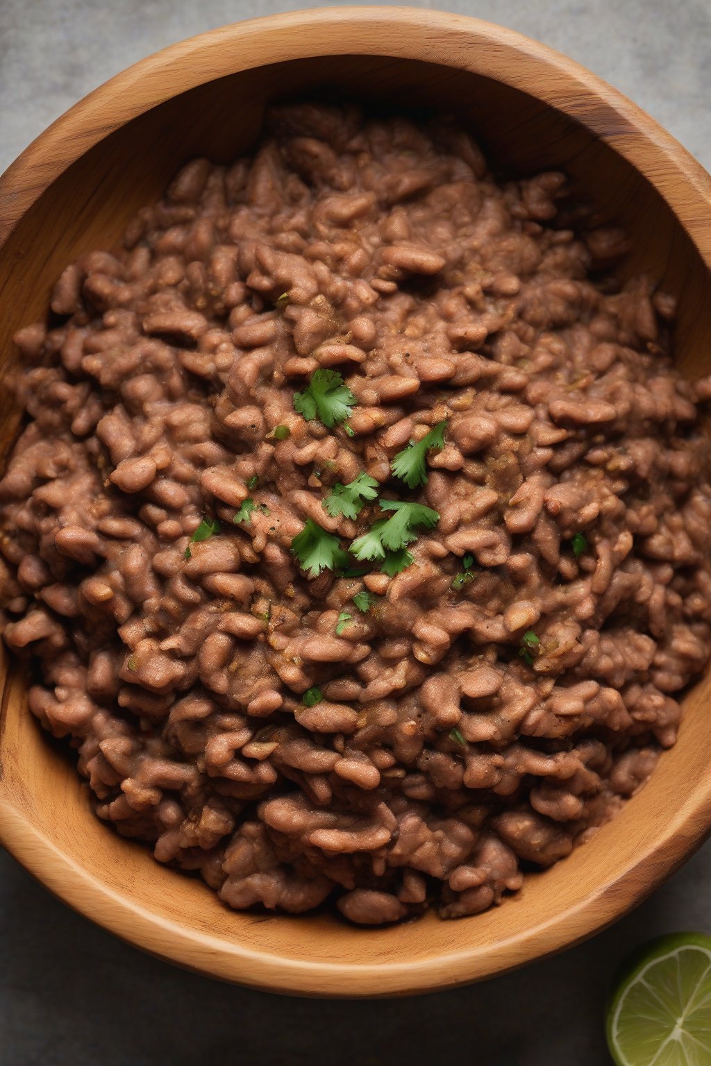 A high-resolution photo of cumin-dusted smoky refried beans in a wooden bowl, under soft lighting.