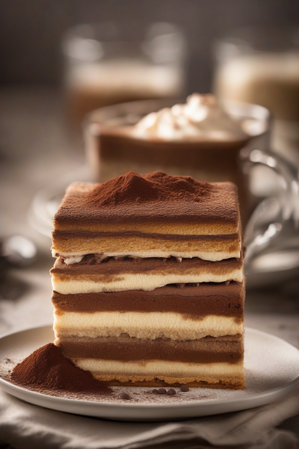 A high-resolution photo of a layered classic tiramisu with visible coffee-soaked ladyfingers and dusted cocoa powder under soft lighting.