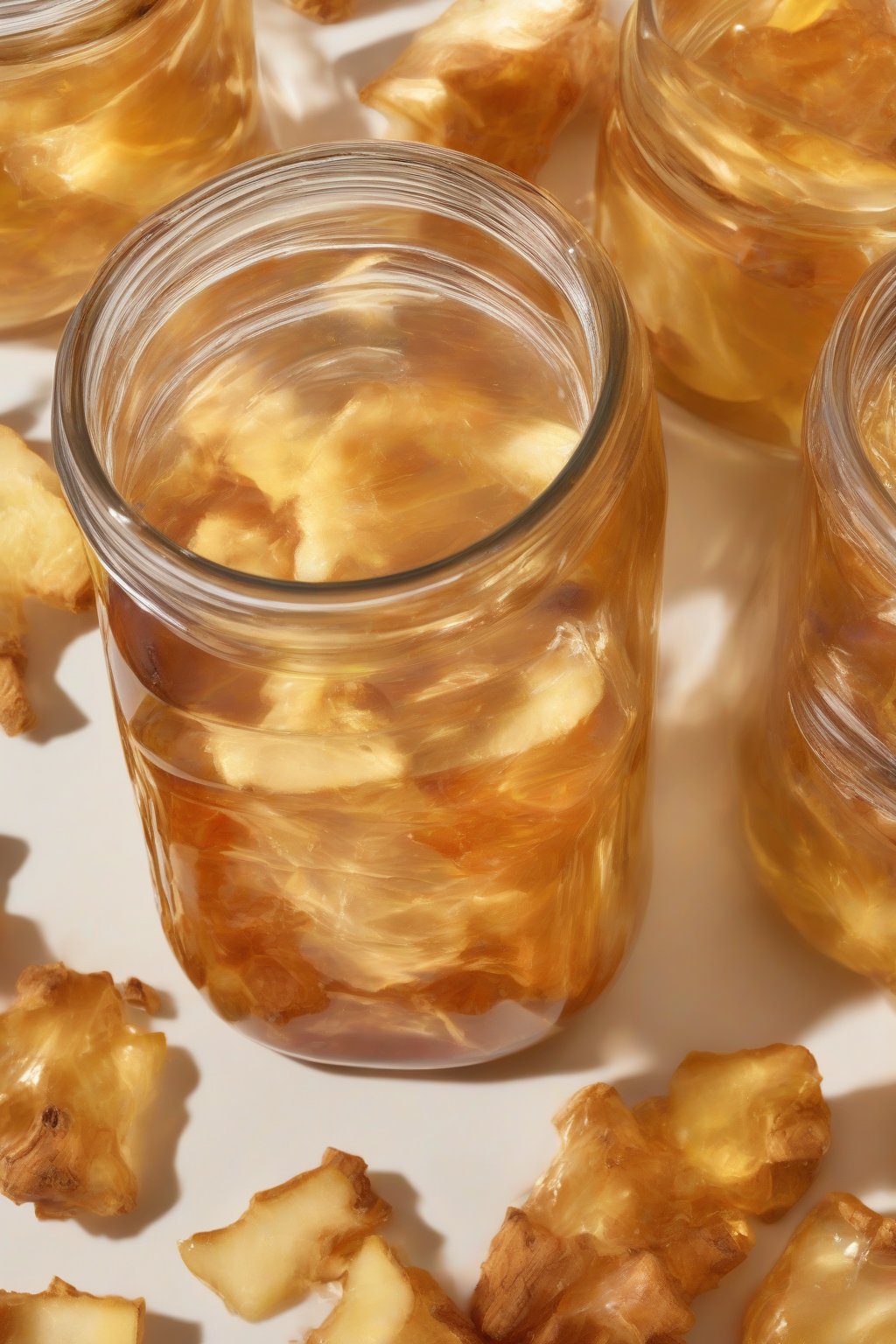 A high-resolution close-up photo of the vibrant classic fire cider in a clear glass jar, with visible ginger chunks and golden hue, under soft lighting.