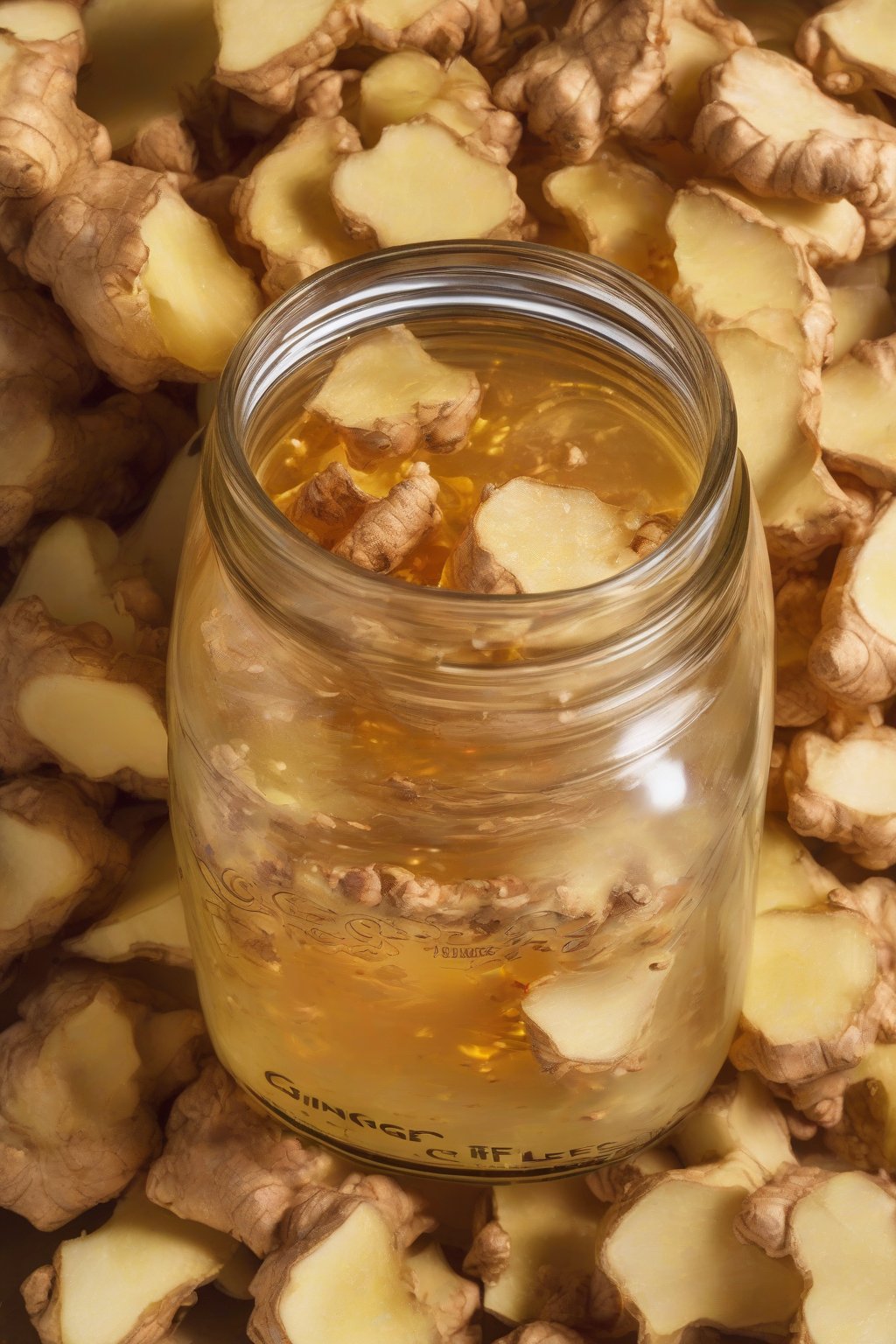 A high-resolution close-up photo of ginger-heavy fire cider in a mason jar, showing chunky ginger pieces and spicy flecks, under soft lighting.