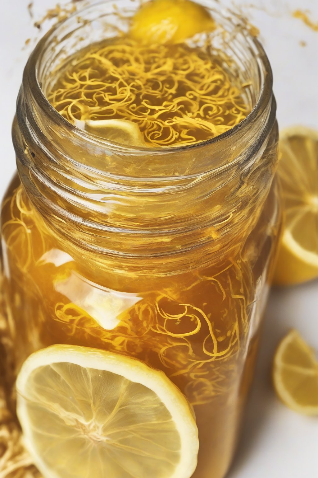 A high-resolution close-up photo of golden turmeric fire cider glowing in a jar, with turmeric swirls and lemon zest, under soft lighting.