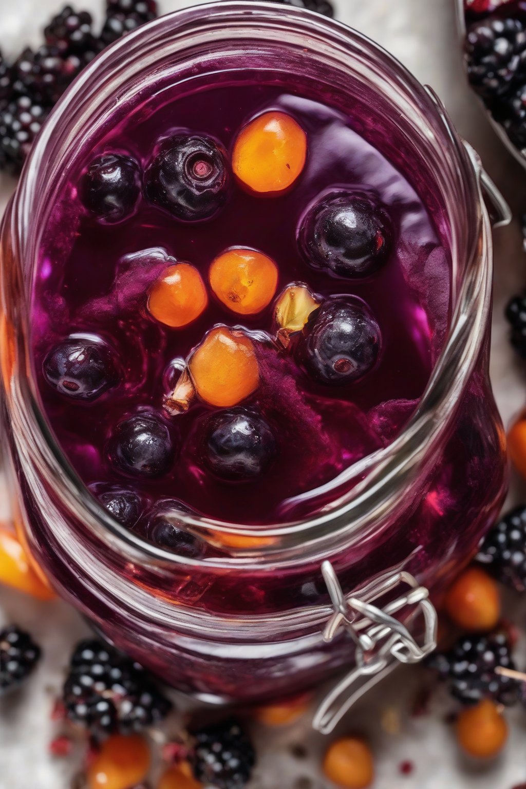 A high-resolution close-up photo of deep purple elderberry fire cider in a jar, berries floating amid spices, under soft lighting.