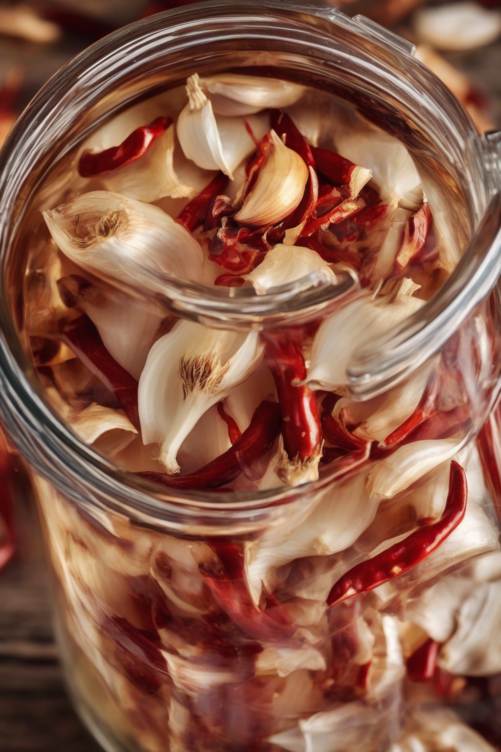 A high-resolution close-up photo of garlic-packed fire cider in a jar, cloves visible with red chili slices, under soft lighting.