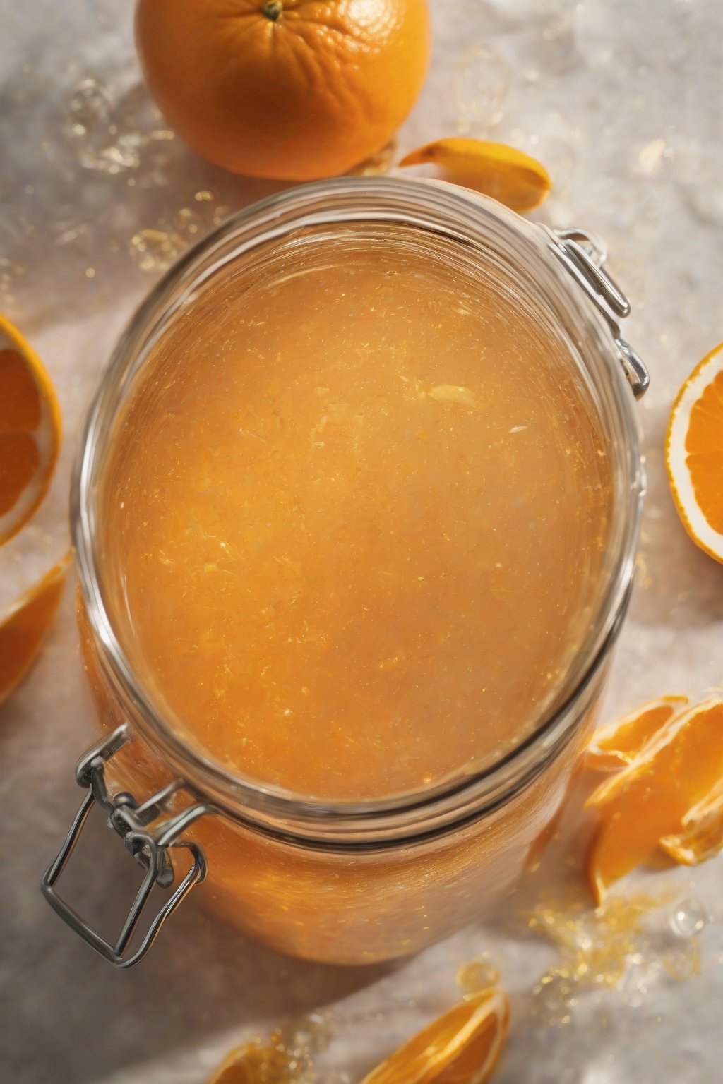 A high-resolution close-up photo of citrus-infused fire cider sparkling in a jar, with orange peels and zest flecks, under soft lighting.