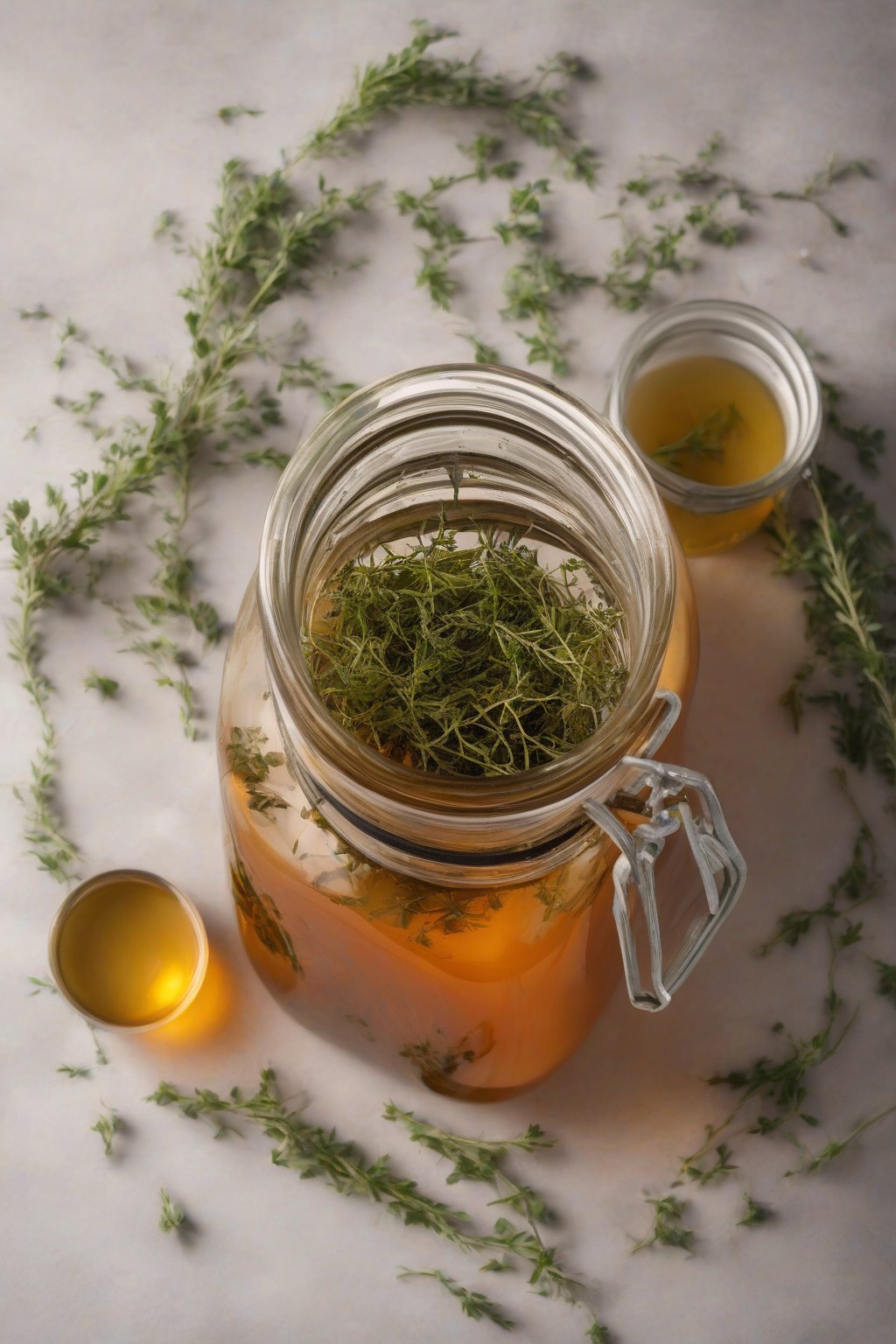 A high-resolution close-up photo of herbal fire cider in a jar, green thyme sprigs amid roots, under soft lighting.