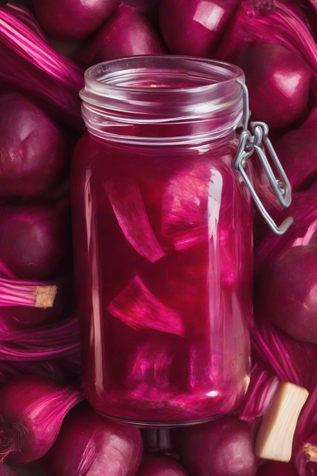 A high-resolution close-up photo of ruby-red beet fire cider in a jar, beet chunks with ginger, under soft lighting.