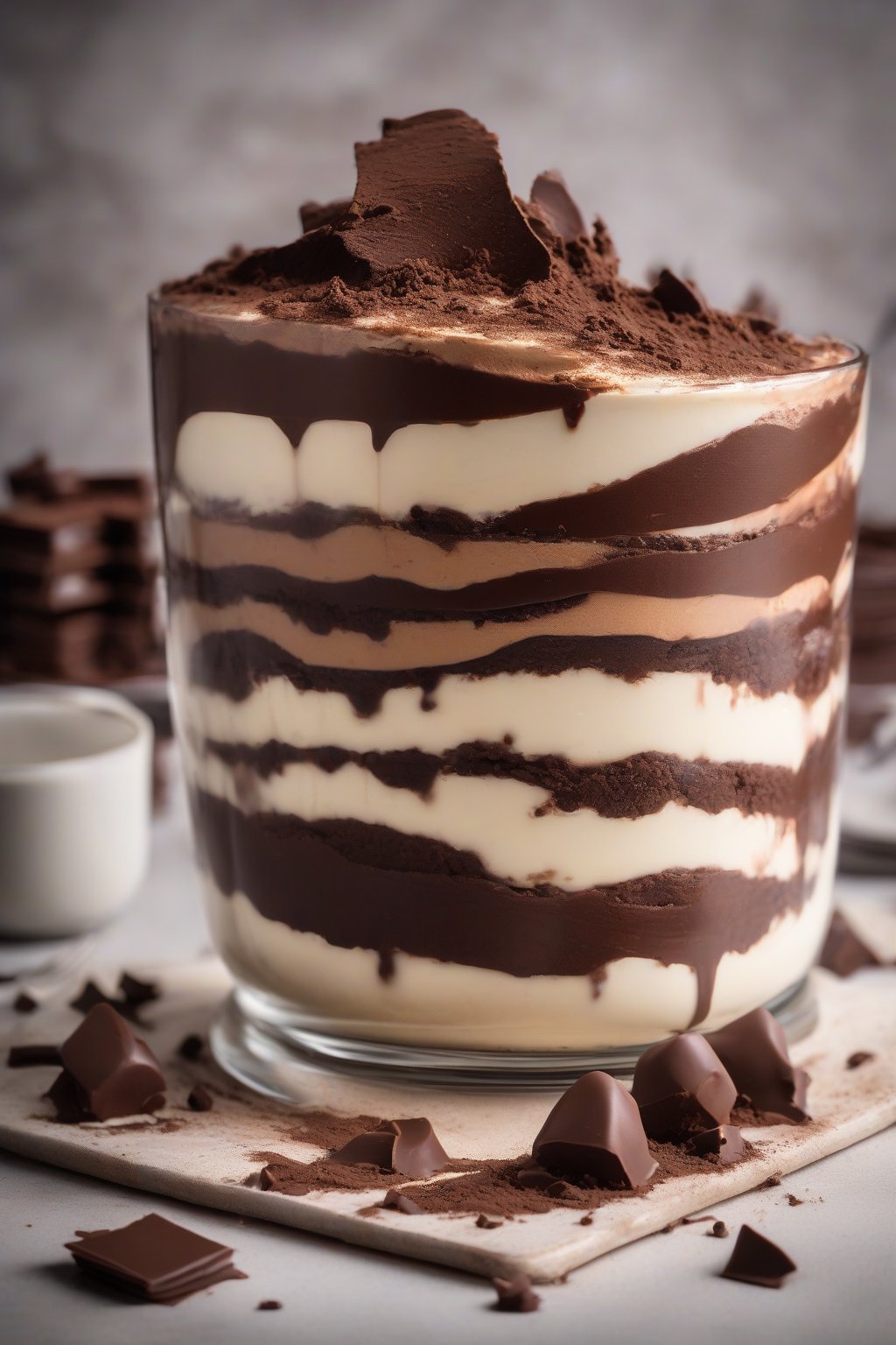 A high-resolution photo of triple chocolate tiramisu oozing ganache between layers under soft lighting.