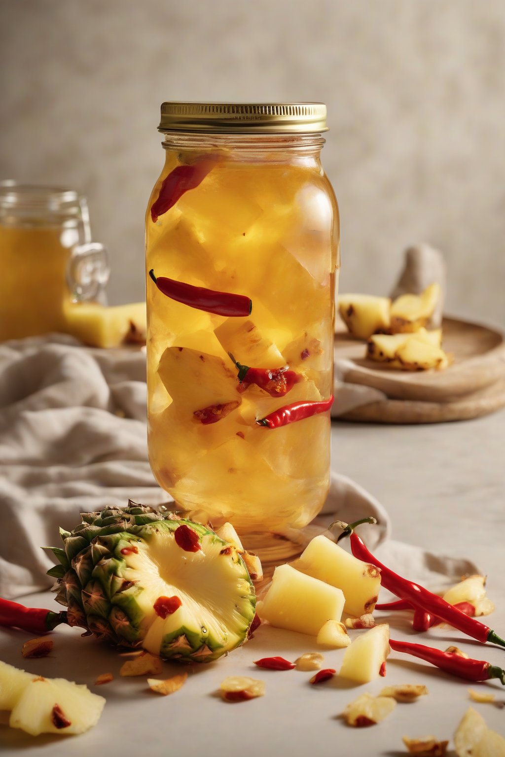 A high-resolution close-up photo of pineapple fire cider in a jar, golden fruit pieces and chili, under soft lighting.