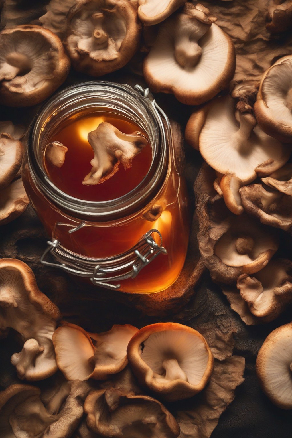 A high-resolution close-up photo of mushroom fire cider in a jar, woody reishi slices in spicy brew, under soft lighting.
