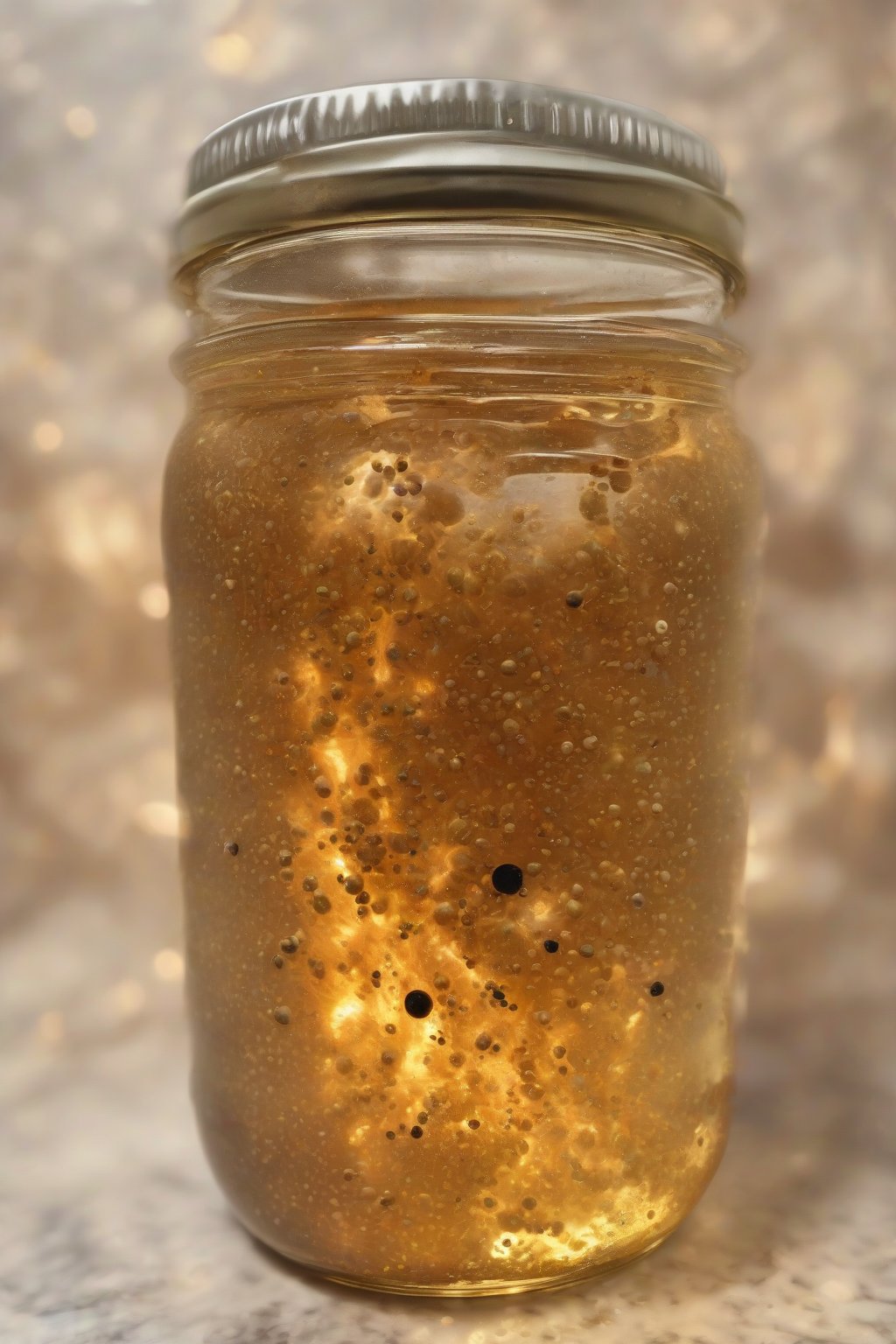 A high-resolution close-up photo of pepper-flecked anti-inflammatory fire cider in a jar, black specks in golden liquid, under soft lighting.