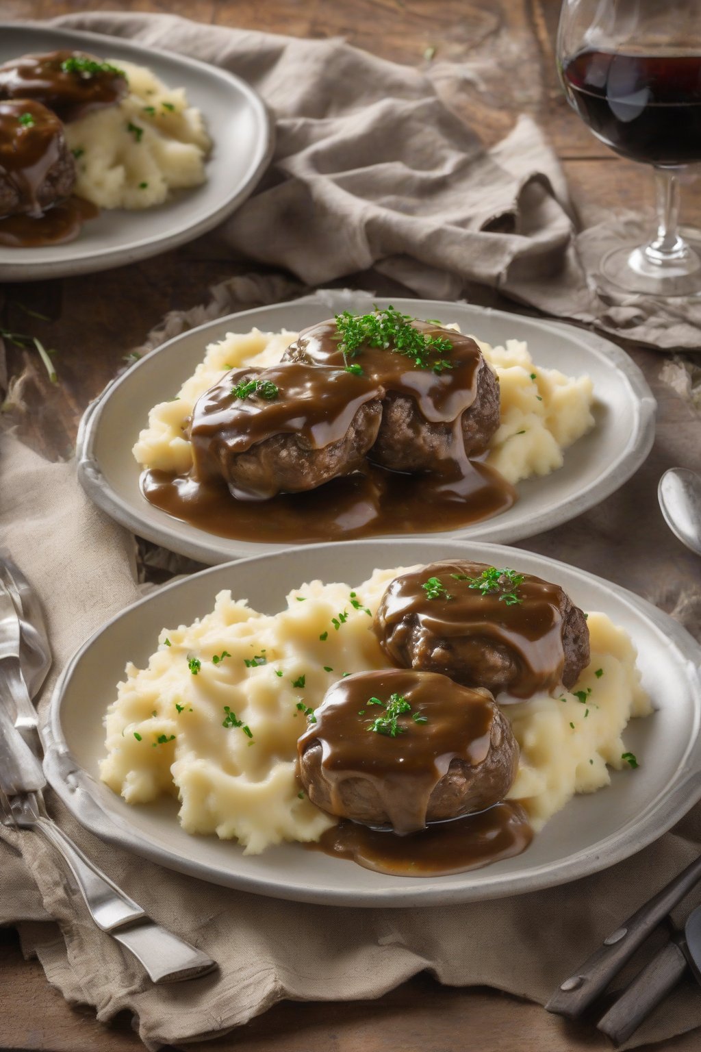 A high-resolution photo of classic Salisbury steak patties smothered in onion gravy, served with mashed potatoes, under soft lighting.