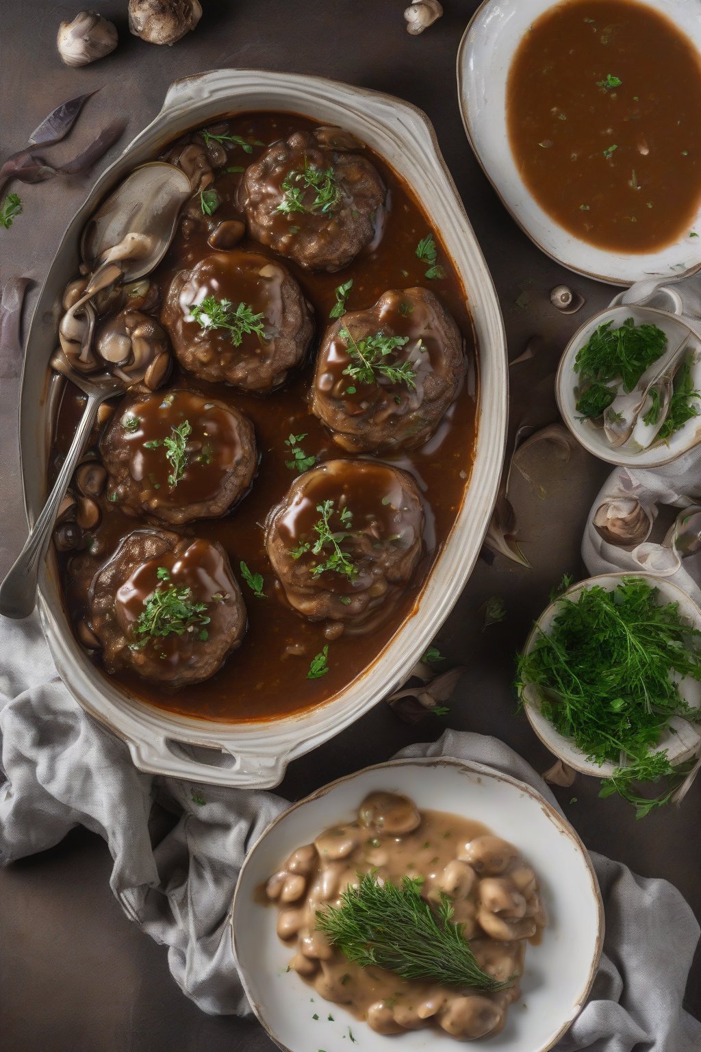 A high-resolution photo of mushroom-loaded Salisbury steak in thick gravy, garnished with fresh herbs, under soft lighting.