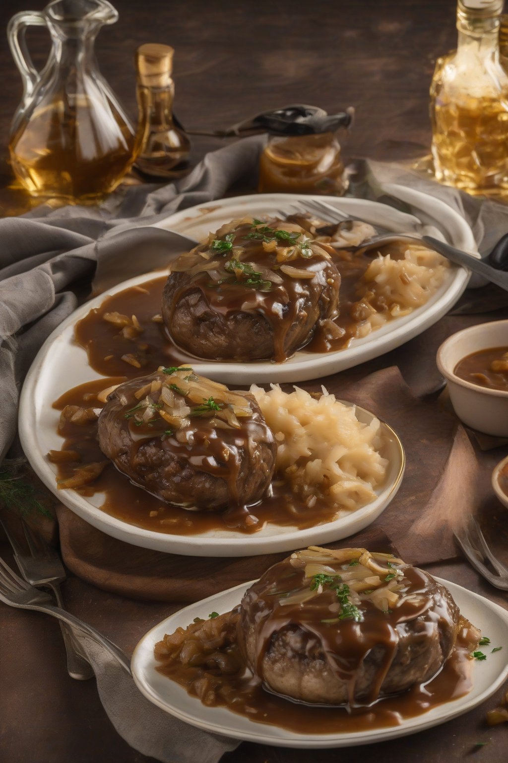 A high-resolution photo of Salisbury steak topped with golden caramelized onions and gravy, under soft lighting.