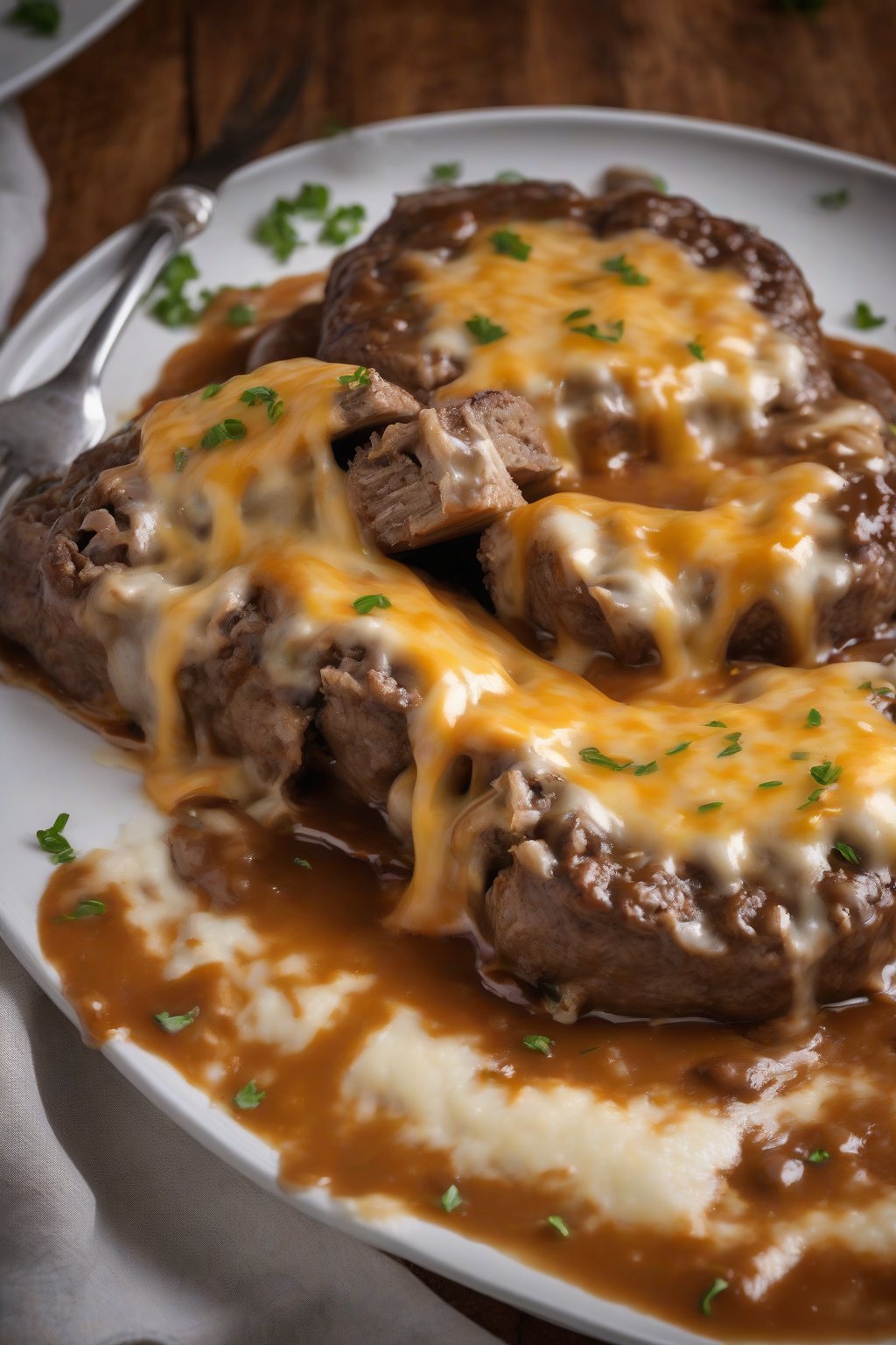 A high-resolution photo of cheesy stuffed Salisbury steak sliced open to show melted cheese, in gravy, under soft lighting.
