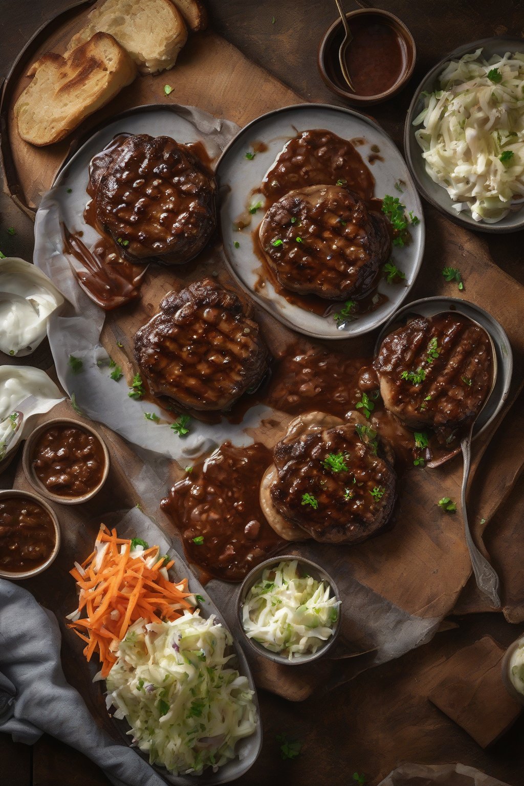 A high-resolution photo of BBQ-glazed Salisbury steak patties in smoky gravy, with a side of coleslaw, under soft lighting.