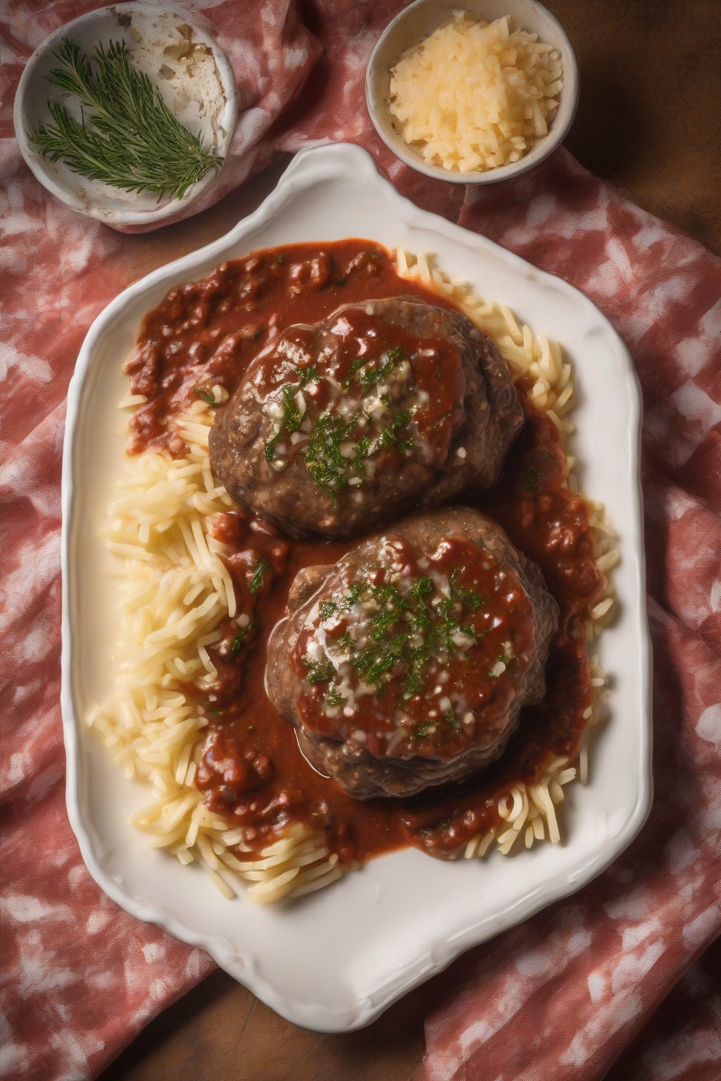 A high-resolution photo of herb-flecked Italian Salisbury steak in red gravy, sprinkled with parmesan, under soft lighting.