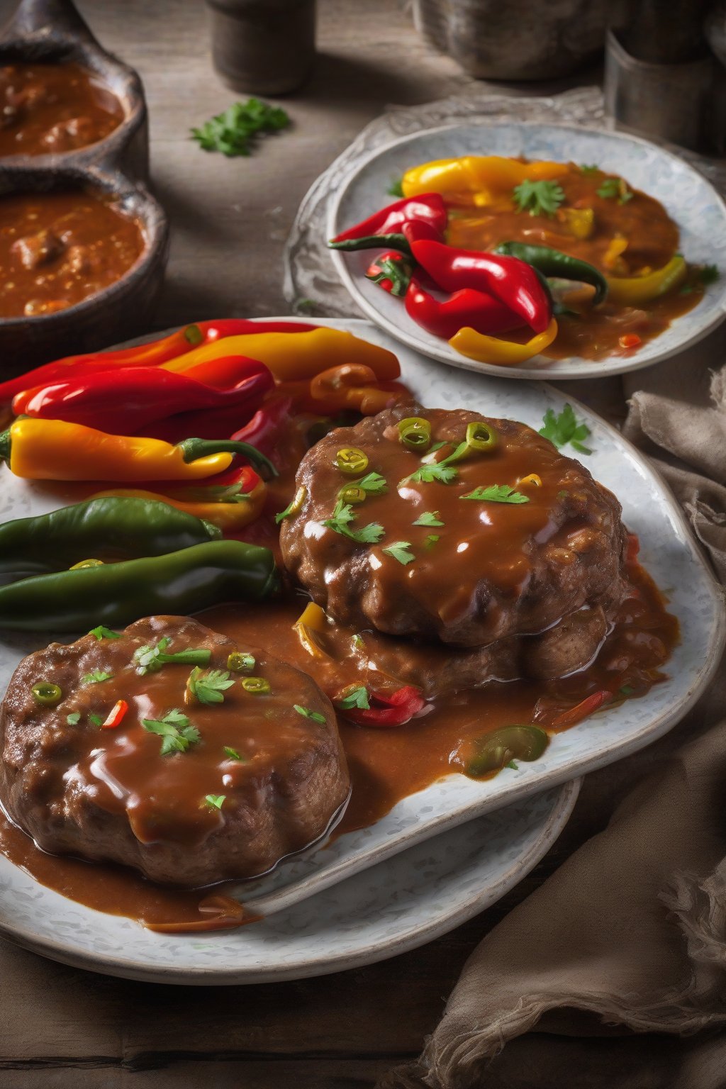 A high-resolution photo of Cajun Salisbury steak with colorful peppers in spicy gravy, under soft lighting.