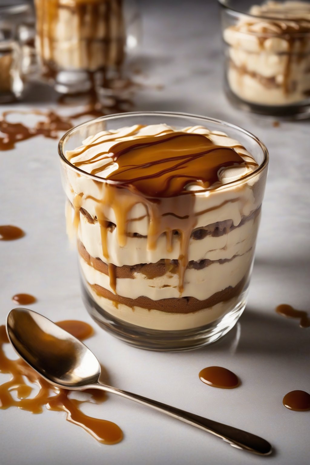 A high-resolution photo of salted caramel tiramisu with dripping caramel rivulets under soft lighting.