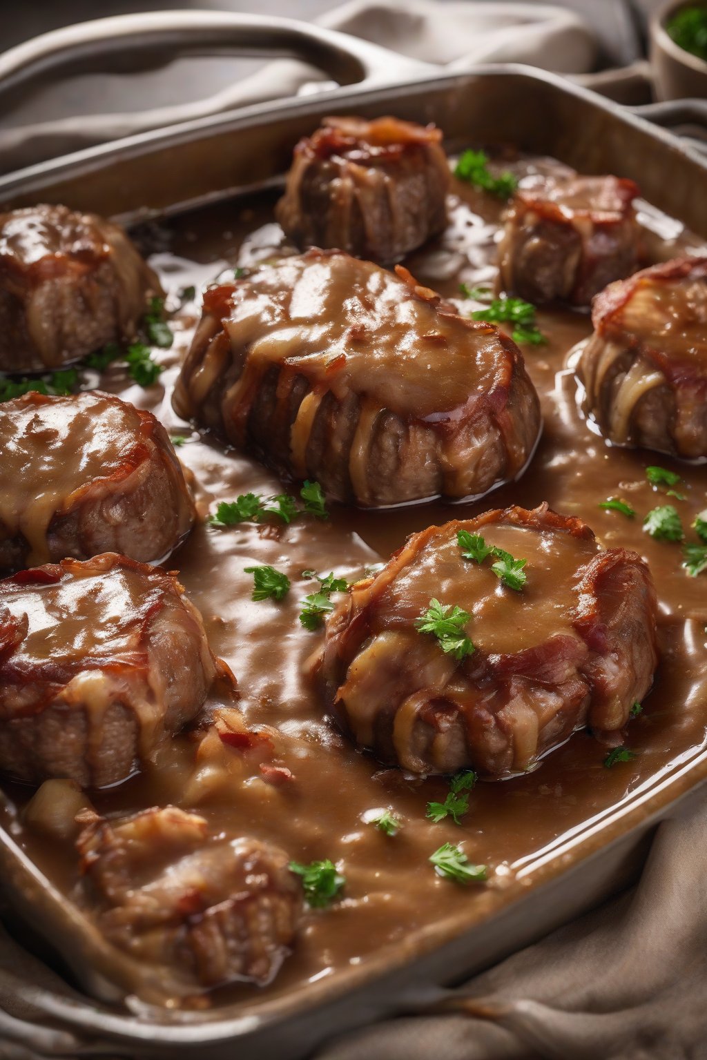 A high-resolution photo of bacon-wrapped Salisbury steak in gravy, crispy edges visible, under soft lighting.