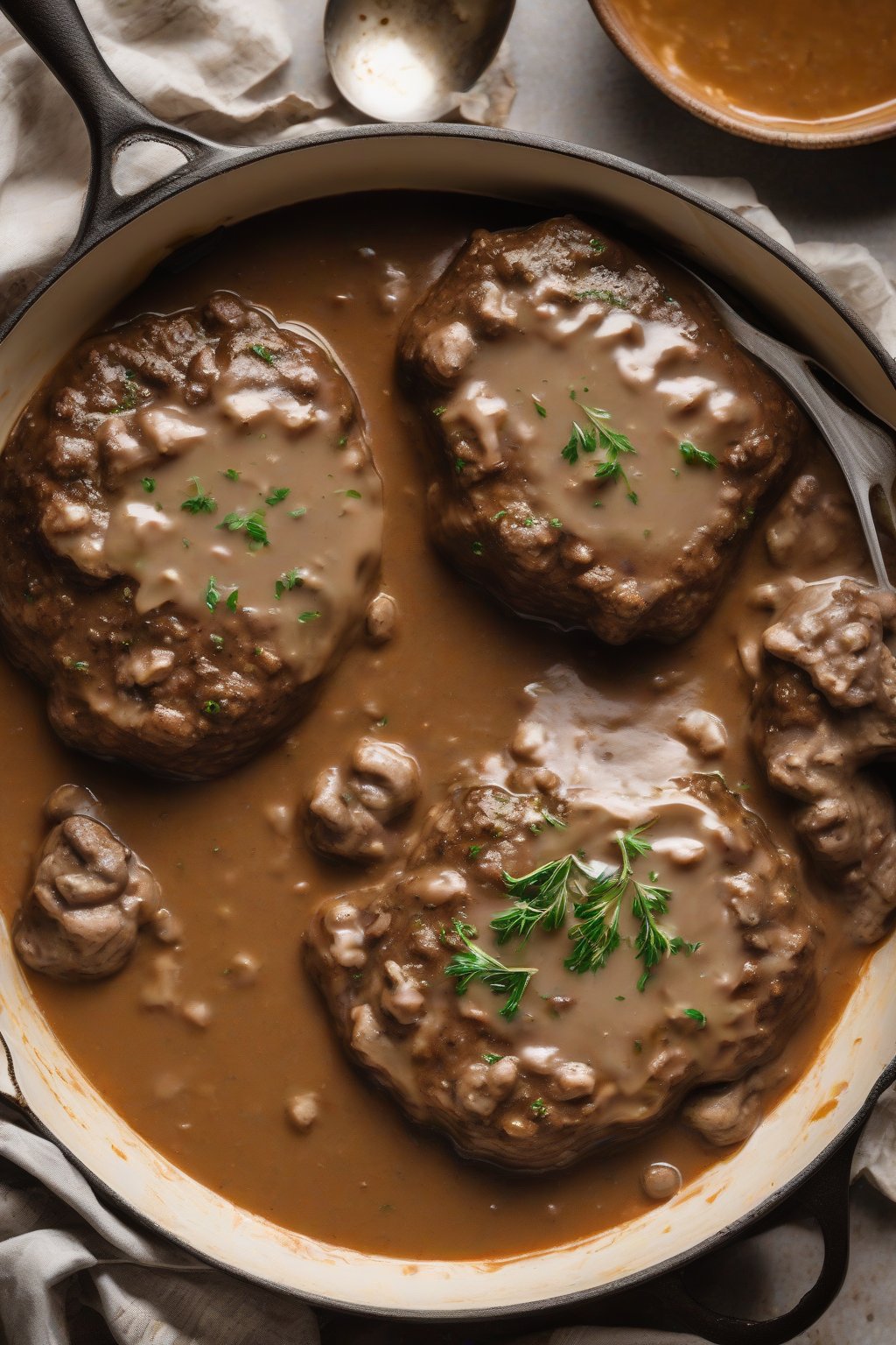 A high-resolution photo of slow-cooked Salisbury steak falling apart in creamy gravy, under soft lighting.