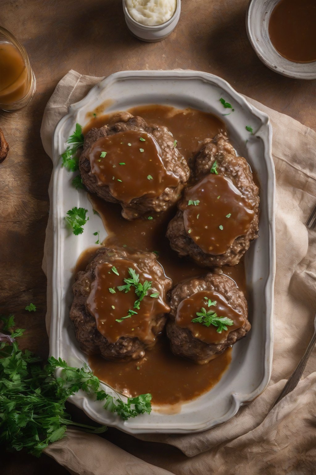 A high-resolution photo of crispy air fryer Salisbury steak topped with gravy, under soft lighting.
