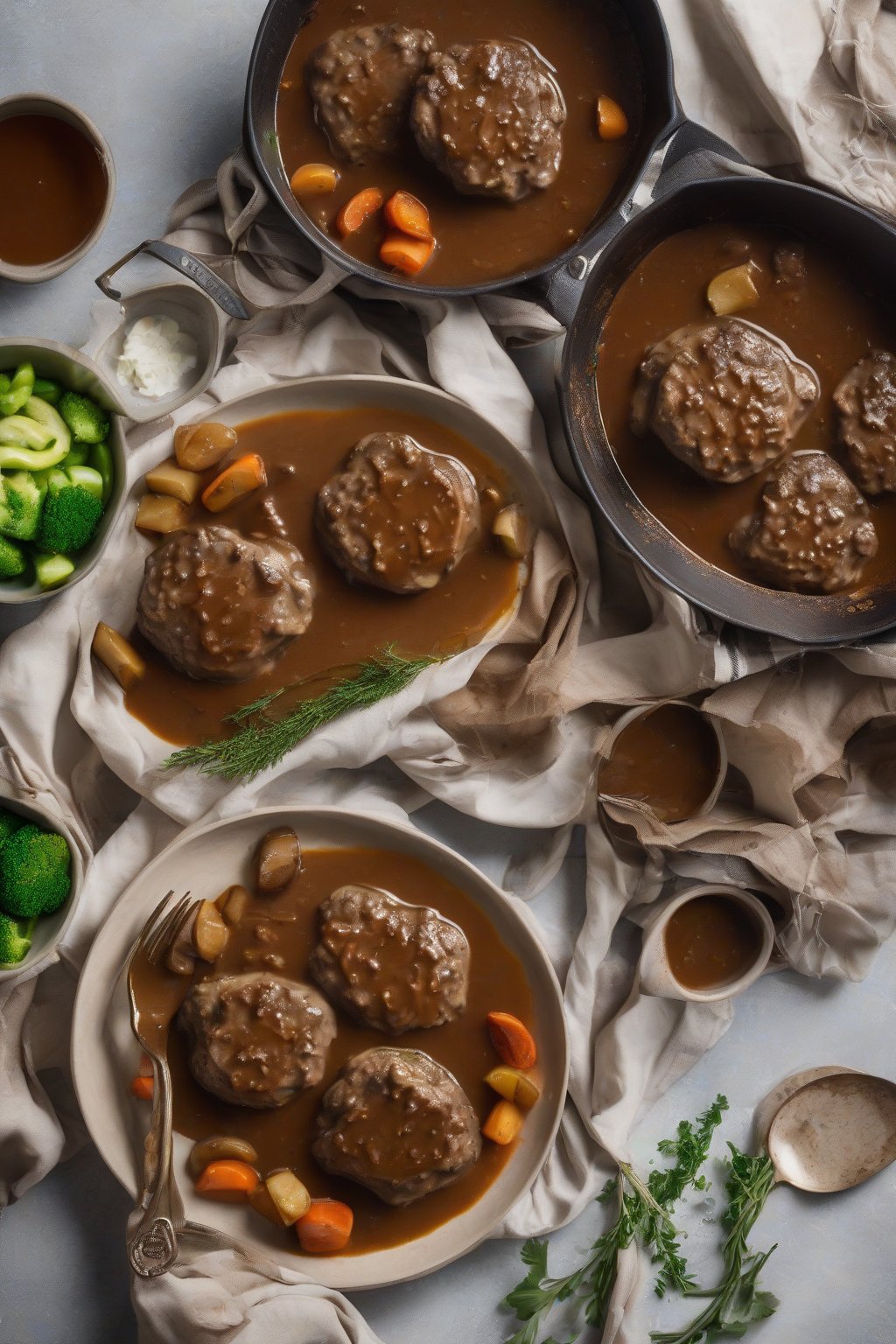 A high-resolution photo of gluten-free Salisbury steak patties in smooth gravy, with veggie sides, under soft lighting.