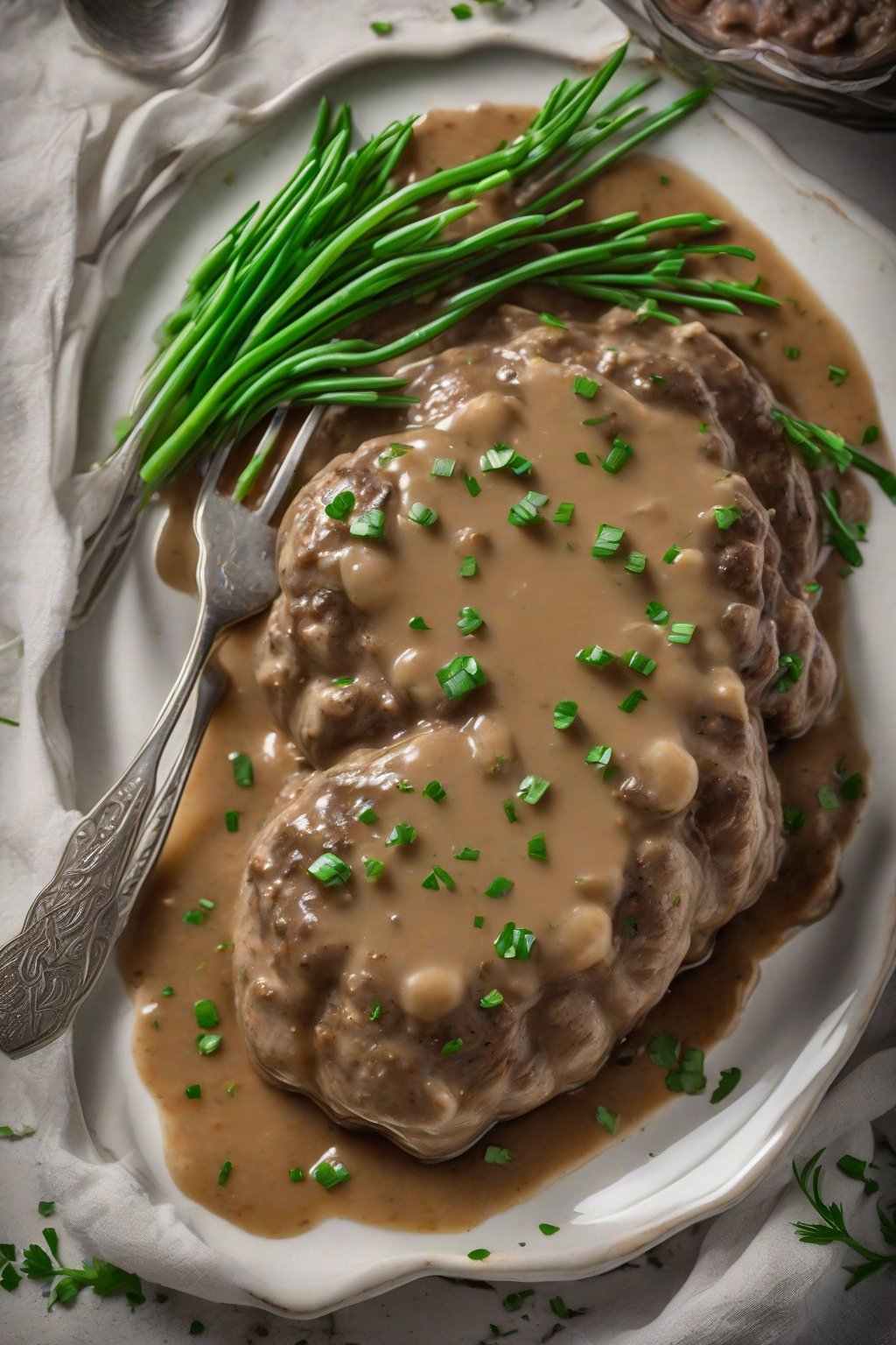 A high-resolution photo of garlic-infused creamy Salisbury steak, garnished with chives, under soft lighting.