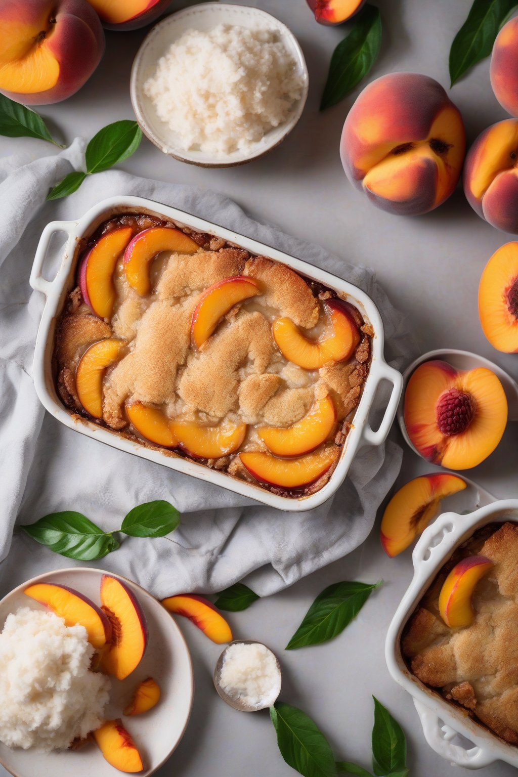 A high-resolution photo of vegan peach cobbler with shiny coconut oil topping and vibrant peach slices under soft lighting.