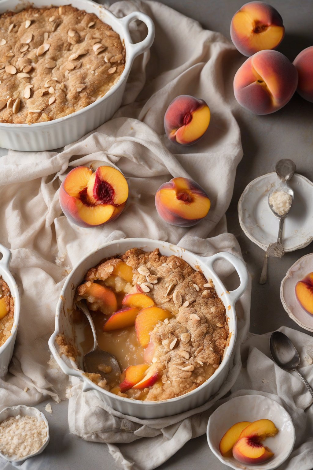 A high-resolution photo of gluten-free peach cobbler with crumbly almond topping and glistening peaches under soft lighting.