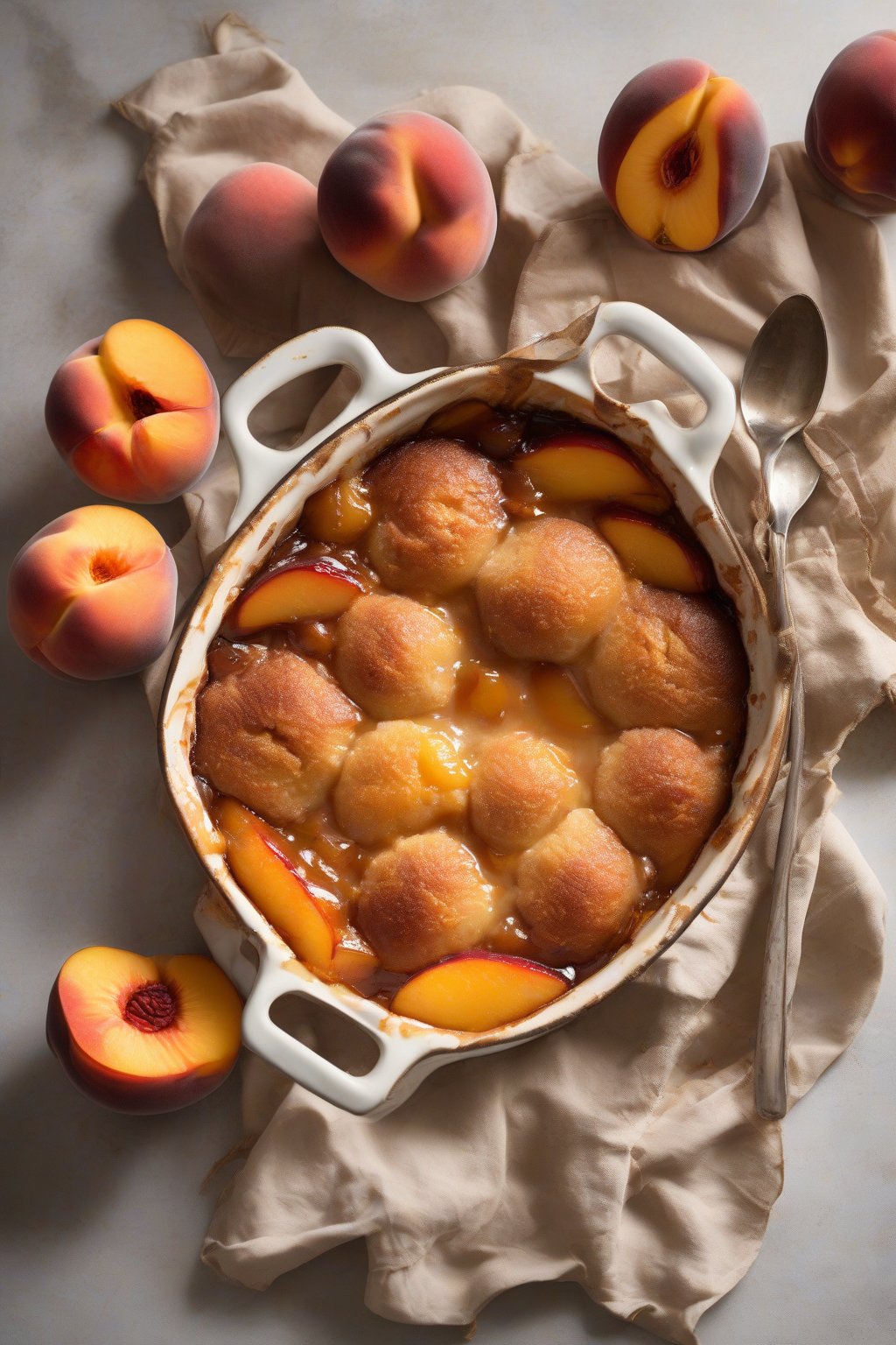 A high-resolution photo of bourbon peach cobbler with caramelized edges and bourbon-glazed peaches under soft lighting.