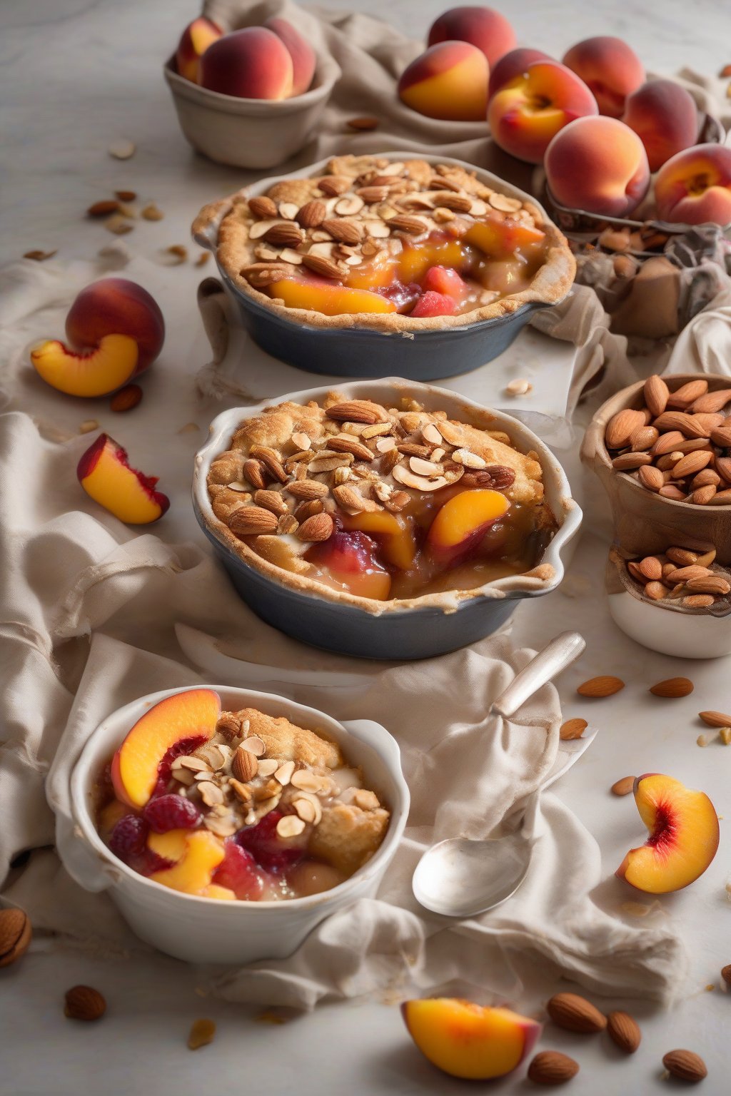 A high-resolution photo of almond peach cobbler topped with toasted nuts and juicy fruit under soft lighting.