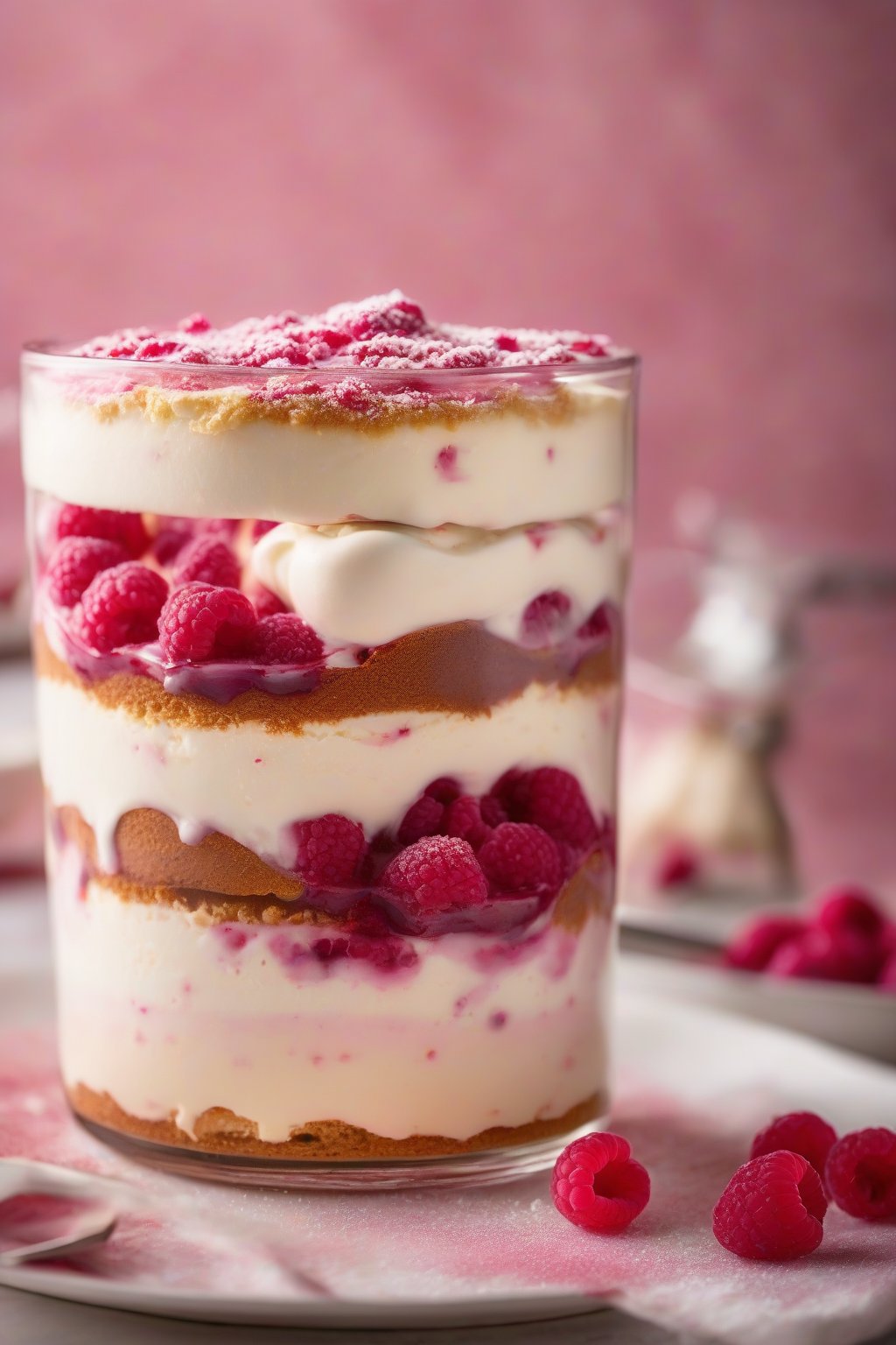 A high-resolution photo of raspberry tiramisu with bright pink berries peeking through cream layers under soft lighting.