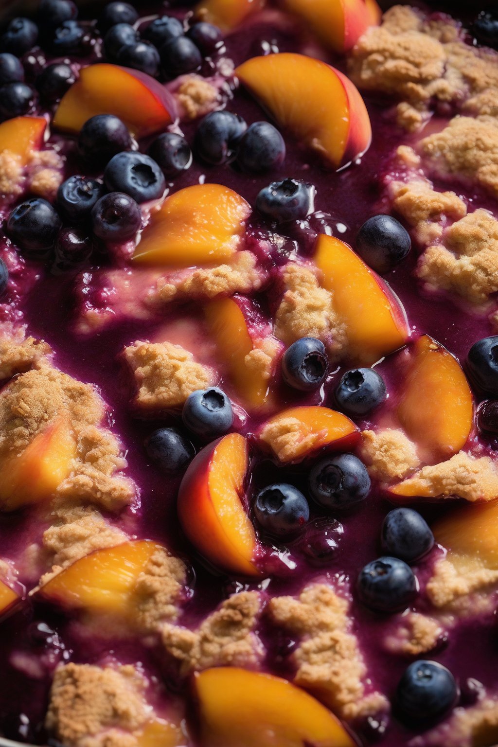 A high-resolution photo of peach blueberry cobbler with purple-blue berries mingling in syrupy peaches under soft lighting.