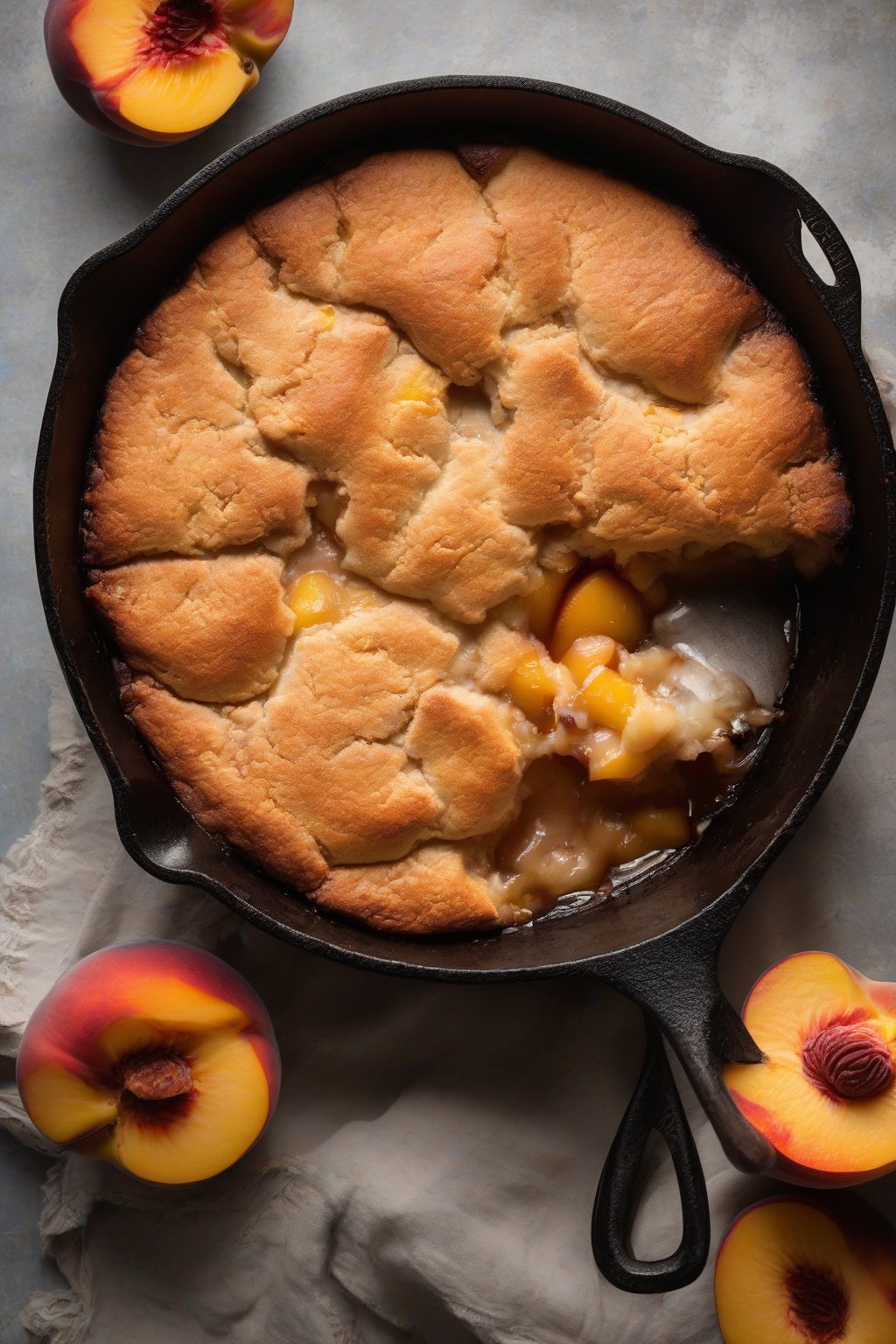 A high-resolution photo of skillet peach cobbler straight from the cast iron with rustic edges under soft lighting.