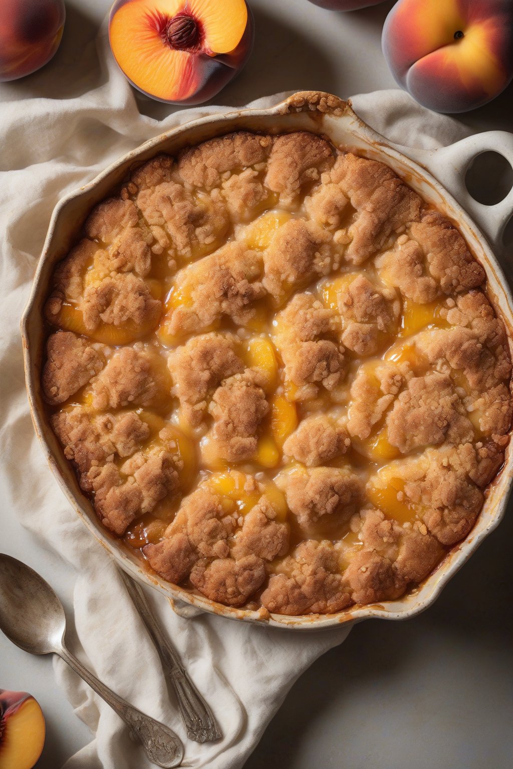 A high-resolution photo of streusel peach cobbler with crunchy golden topping over bubbling peaches under soft lighting.