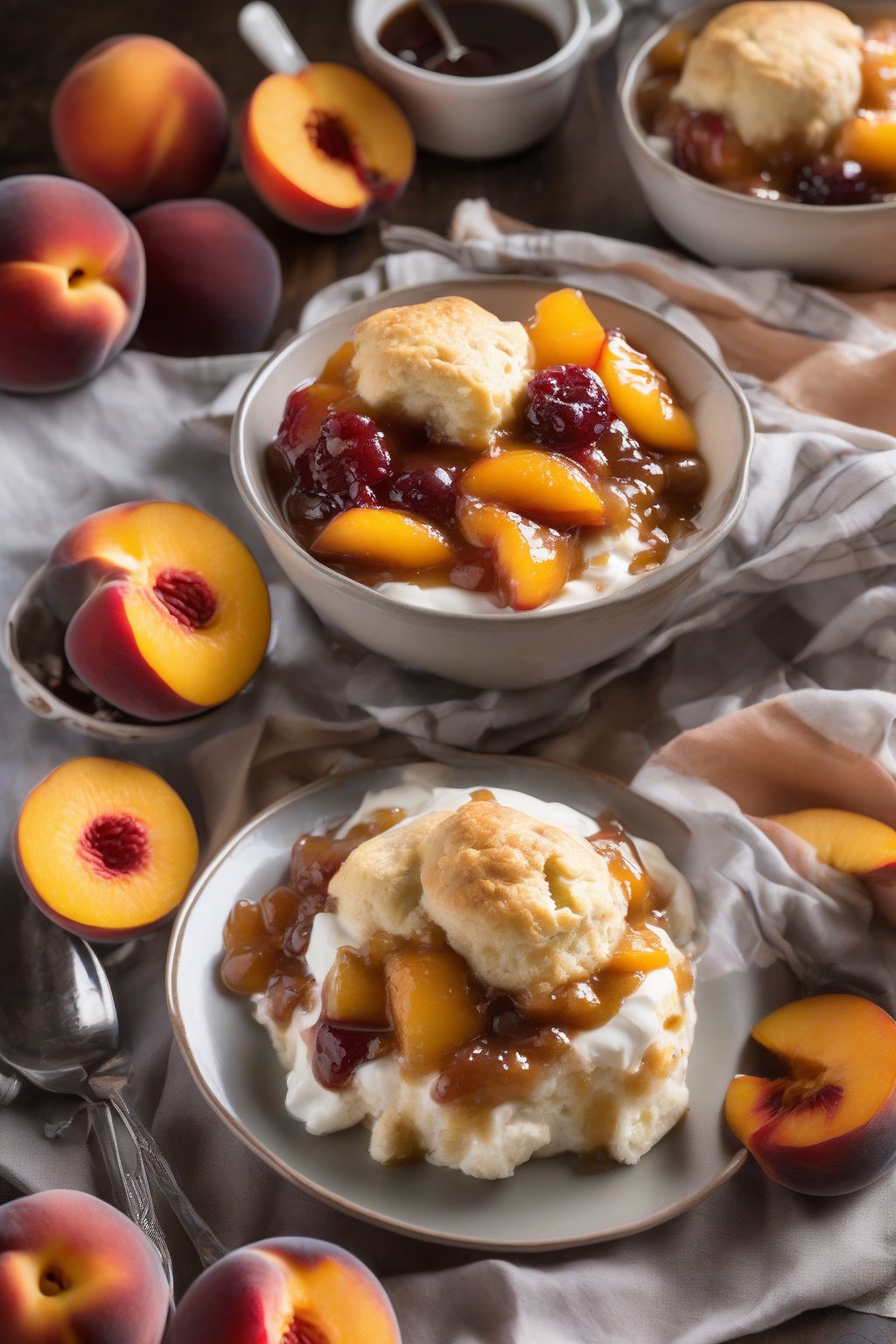 A high-resolution photo of slow cooker peach cobbler with soft biscuit mounds and syrupy fruit under soft lighting.