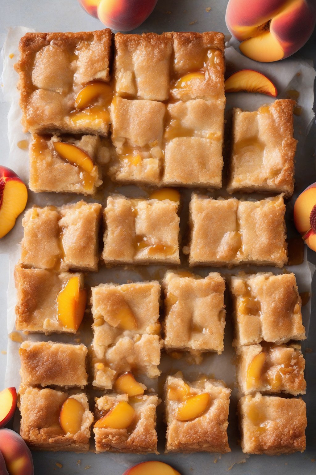 A high-resolution photo of peach cobbler bars cut into squares with oozy peach centers under soft lighting.
