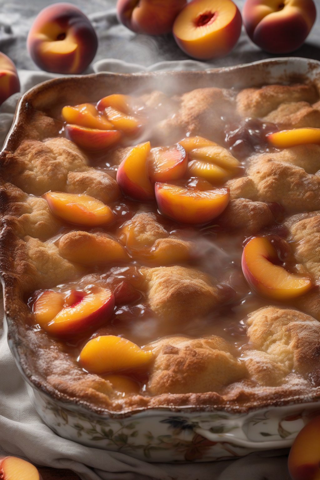 A high-resolution photo of spiced peach cobbler with aromatic steam rising from spiced fruit under soft lighting.