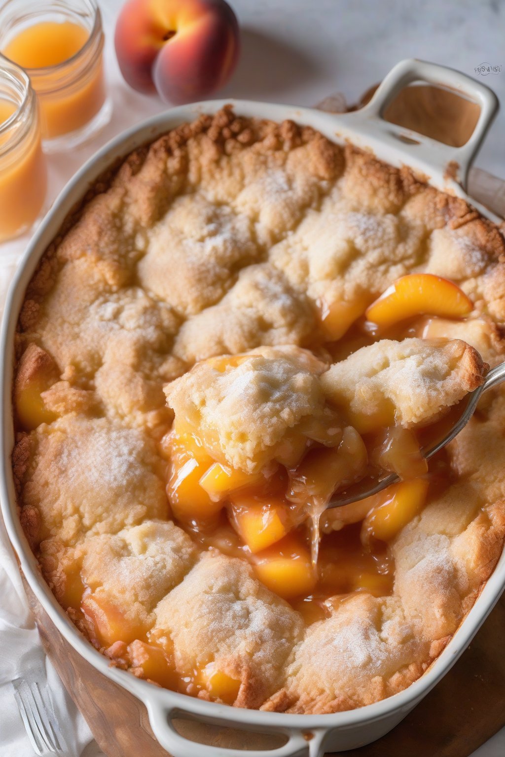 A high-resolution photo of dump peach cobbler with cake mix crust and canned peach juices under soft lighting.