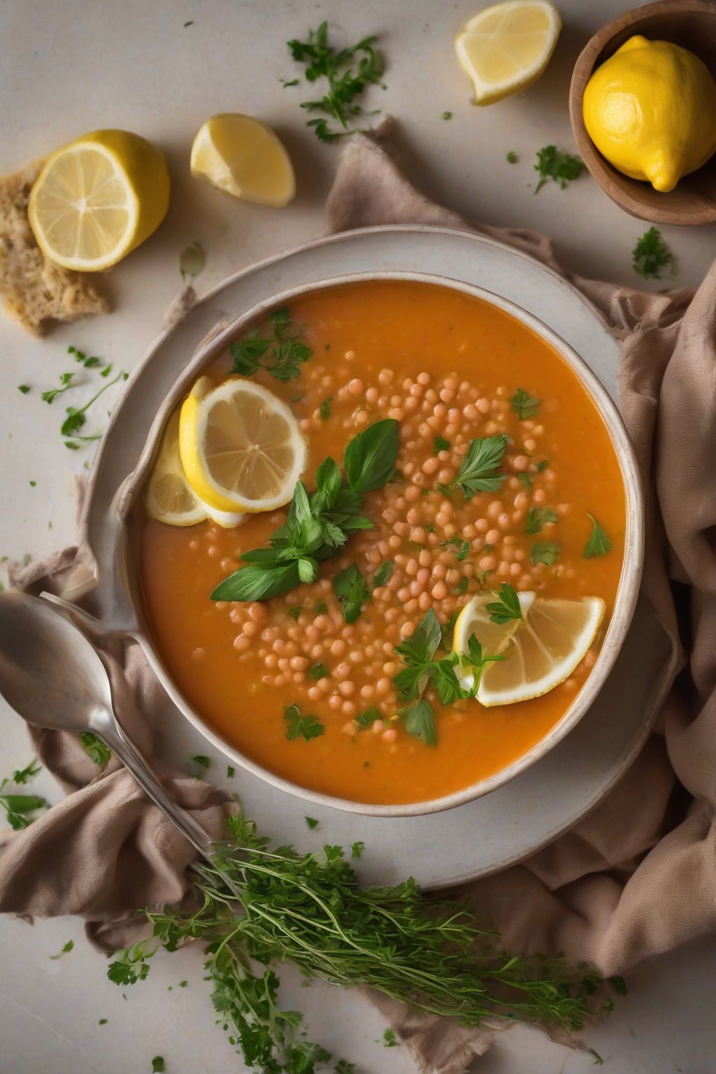A high-resolution photo of a steaming bowl of classic red lentil soup garnished with lemon wedges and fresh herbs, under soft lighting.