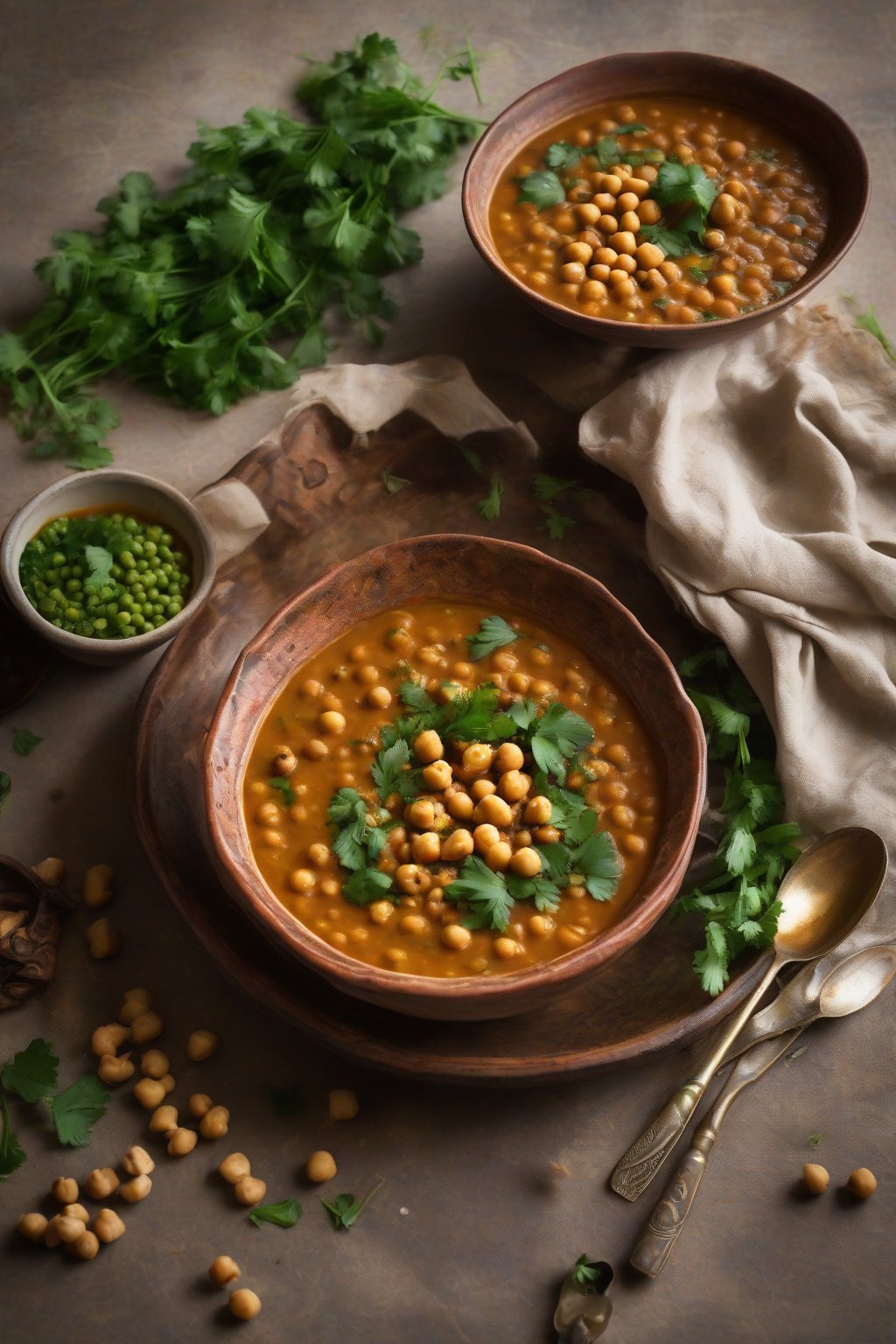 A high-resolution photo of Moroccan-spiced lentil soup topped with cilantro and chickpeas in a rustic bowl, under soft lighting.