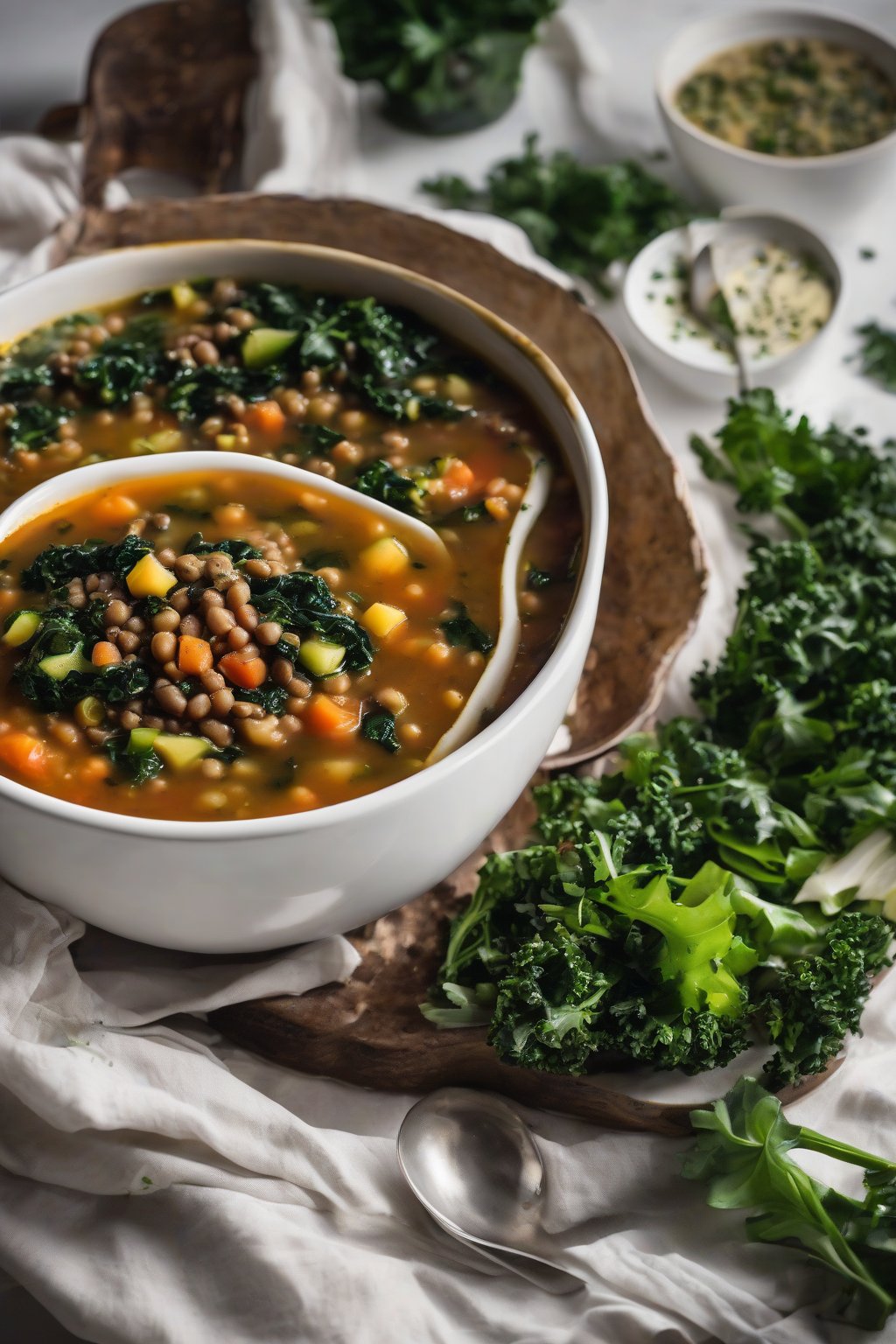 A high-resolution photo of Italian lentil soup with vibrant kale and zucchini in a white bowl, under soft lighting.
